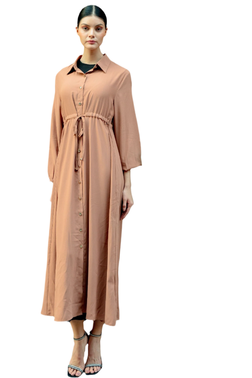 Beige button-down drawstring maxi dress with long sleeves