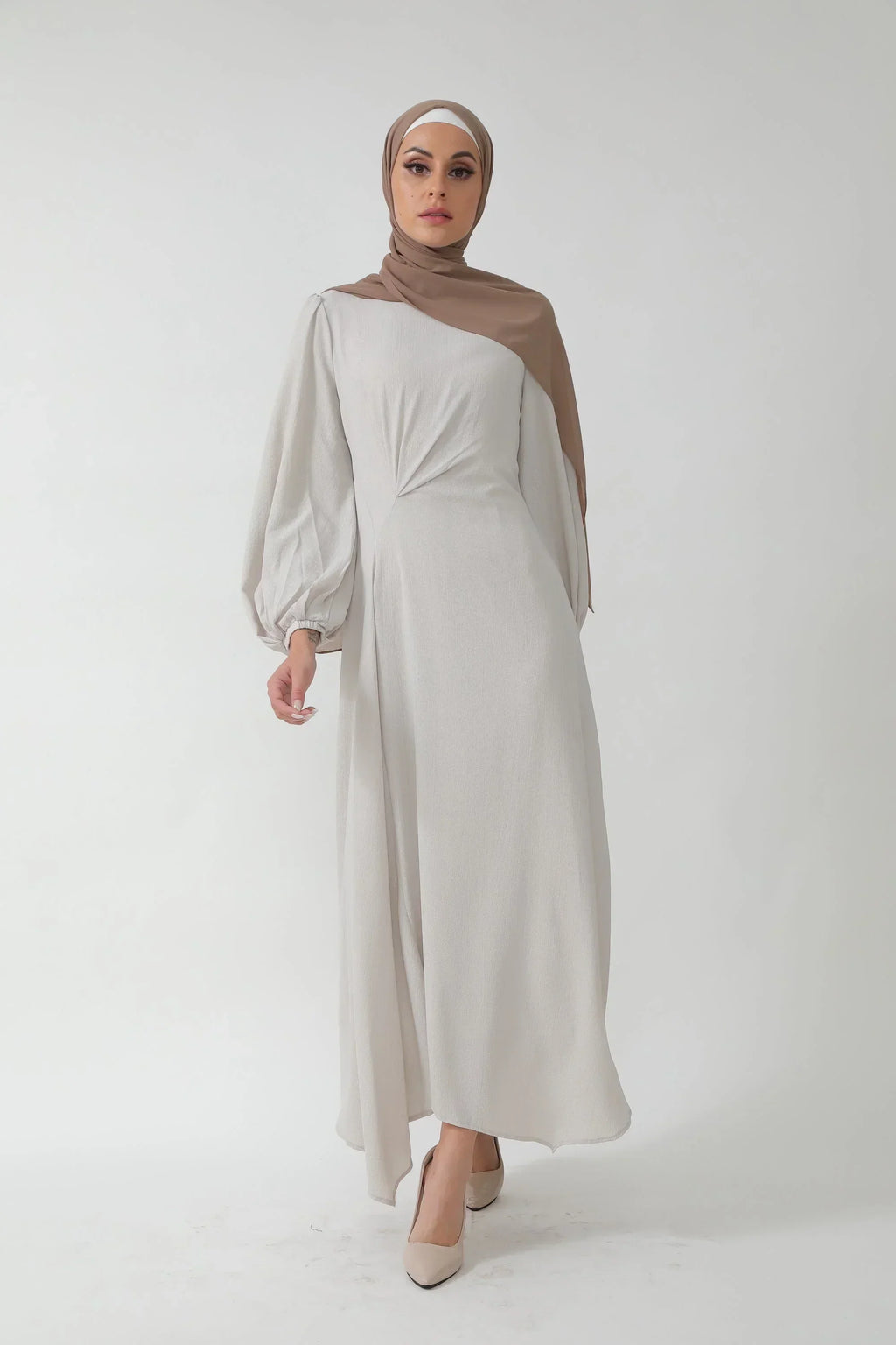 Beige Metallic Pinstripe Long Sleeve Maxi Dress-CLEARANCE