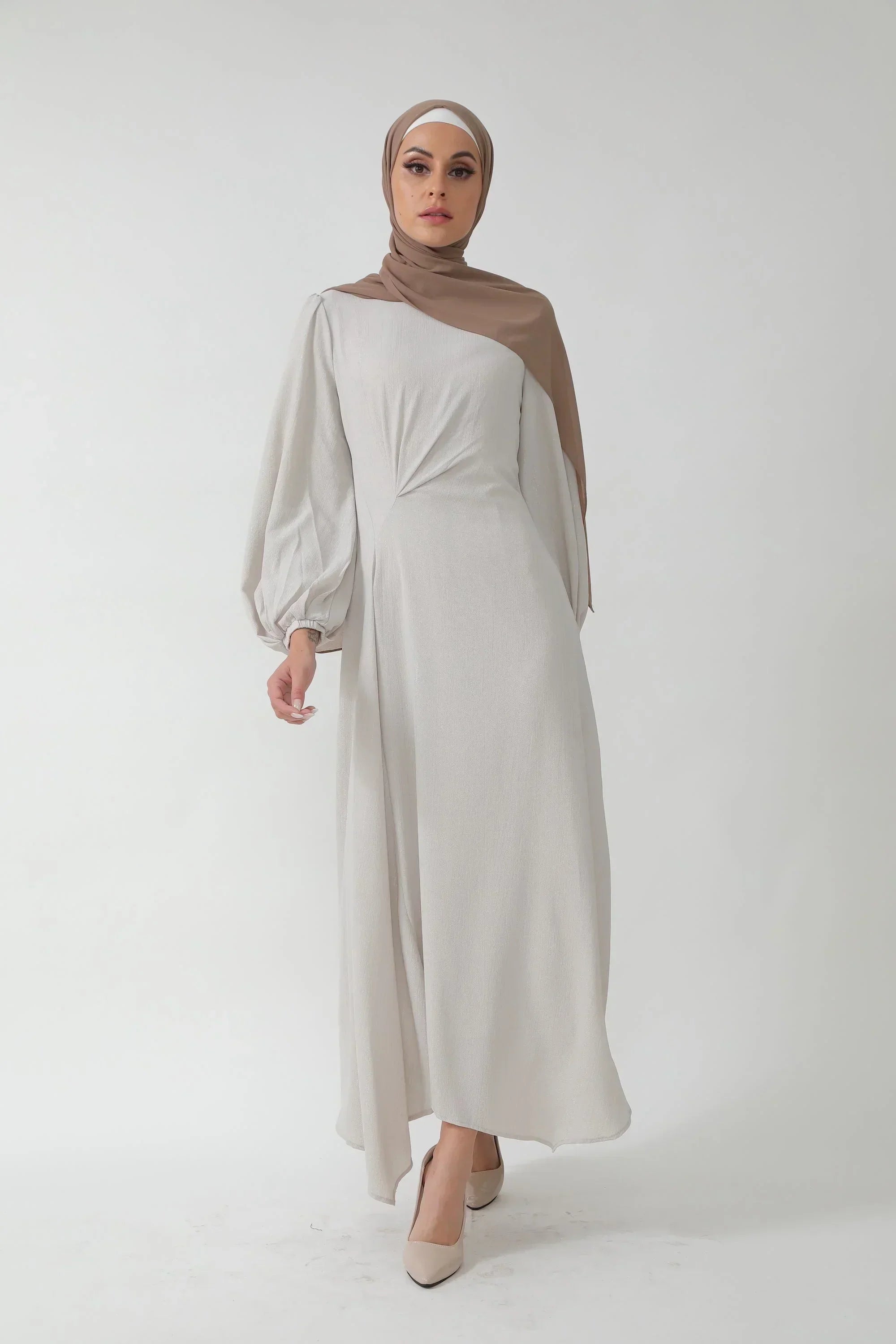 Beige Metallic Pinstripe Long Sleeve Maxi Dress-CLEARANCE