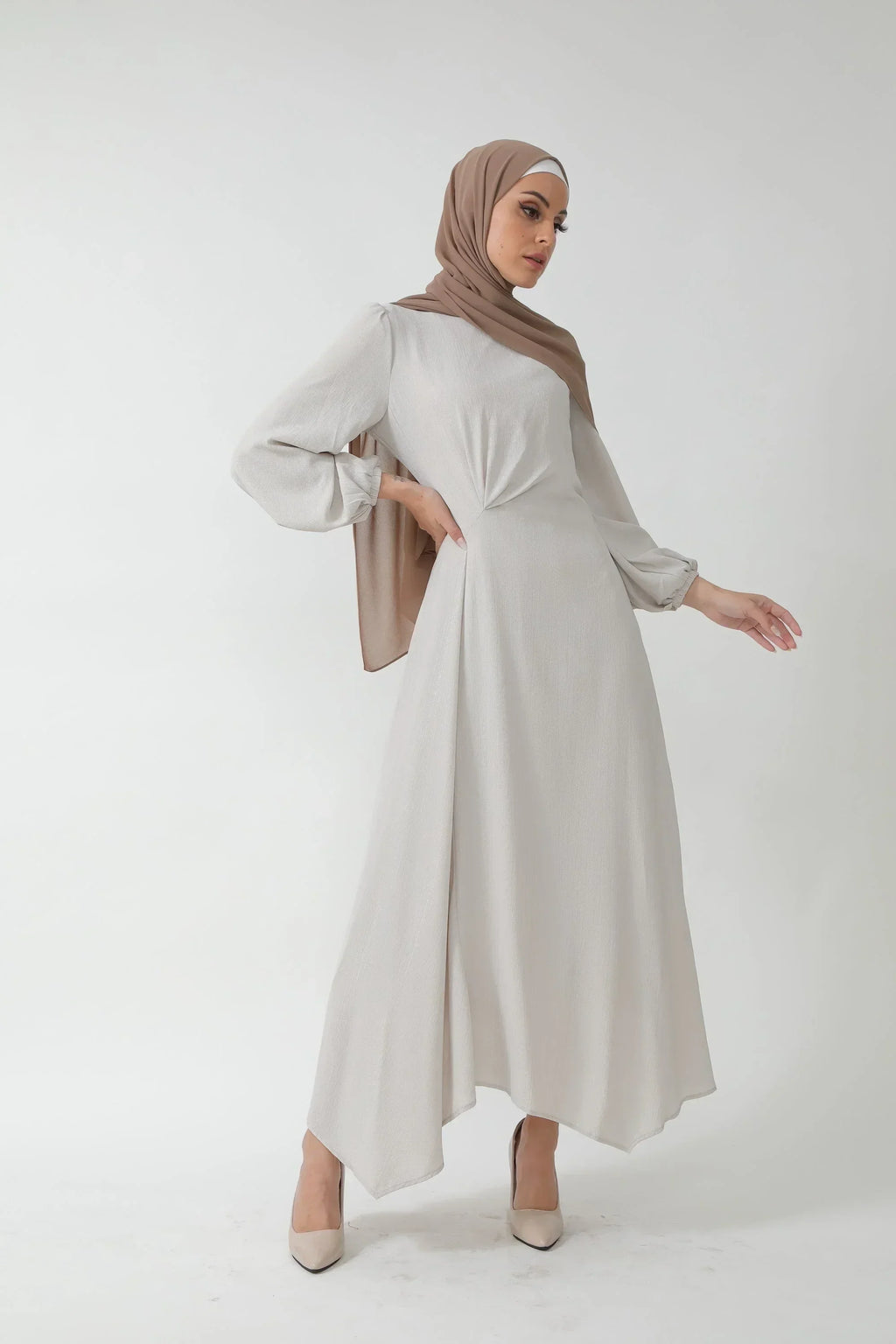 Beige Metallic Pinstripe Long Sleeve Maxi Dress-CLEARANCE