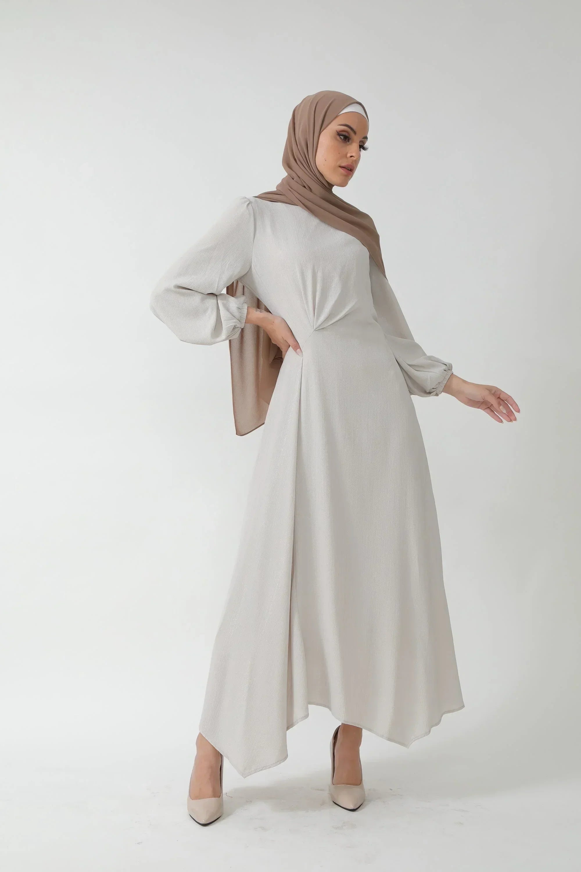 Beige Metallic Pinstripe Long Sleeve Maxi Dress-CLEARANCE