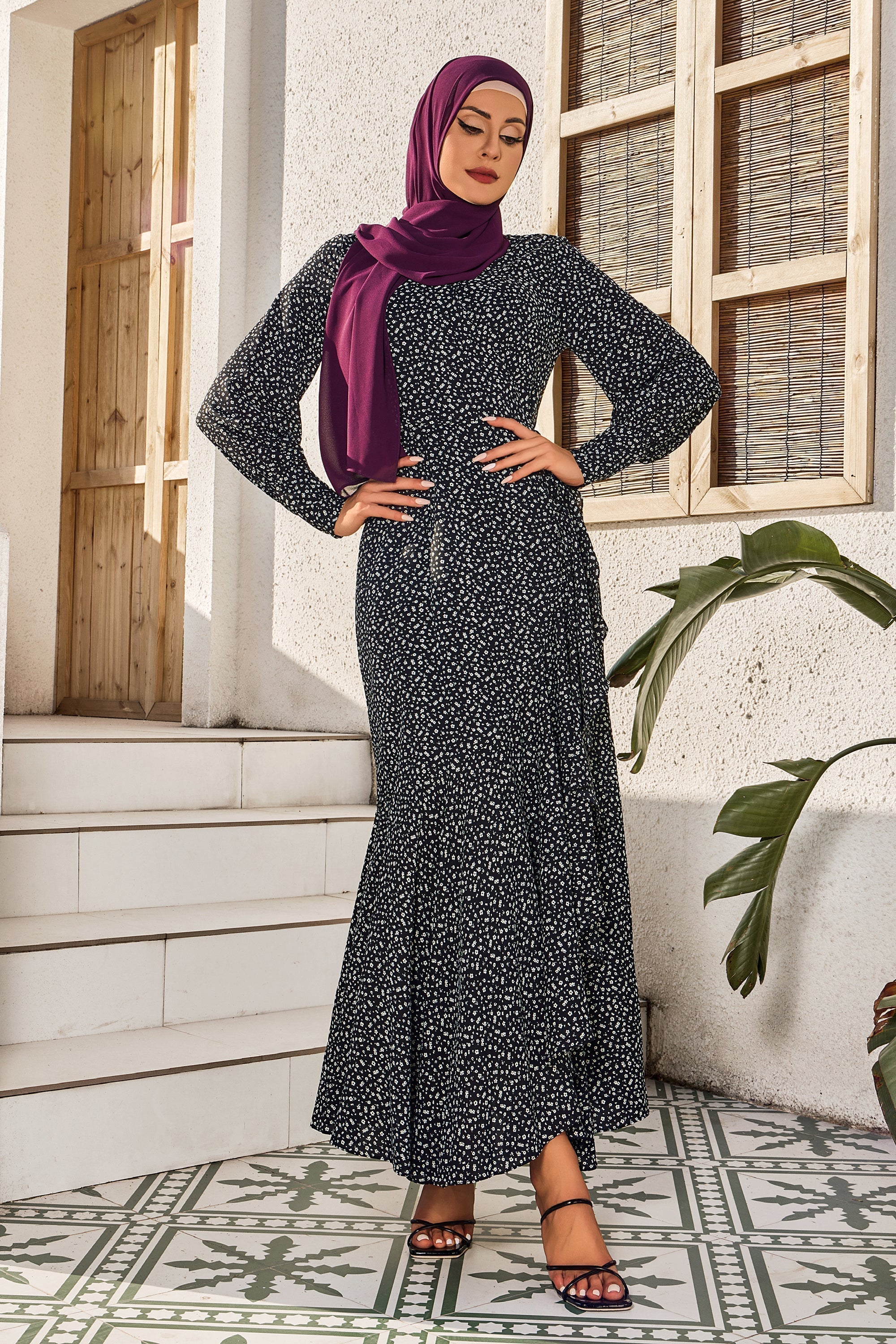 Black Floral Cuff Wrap Maxi Dress