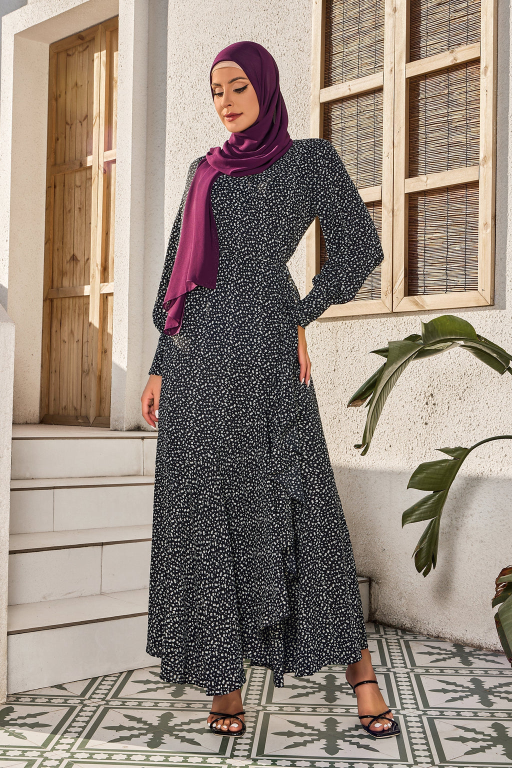 Black Floral Cuff Wrap Maxi Dress