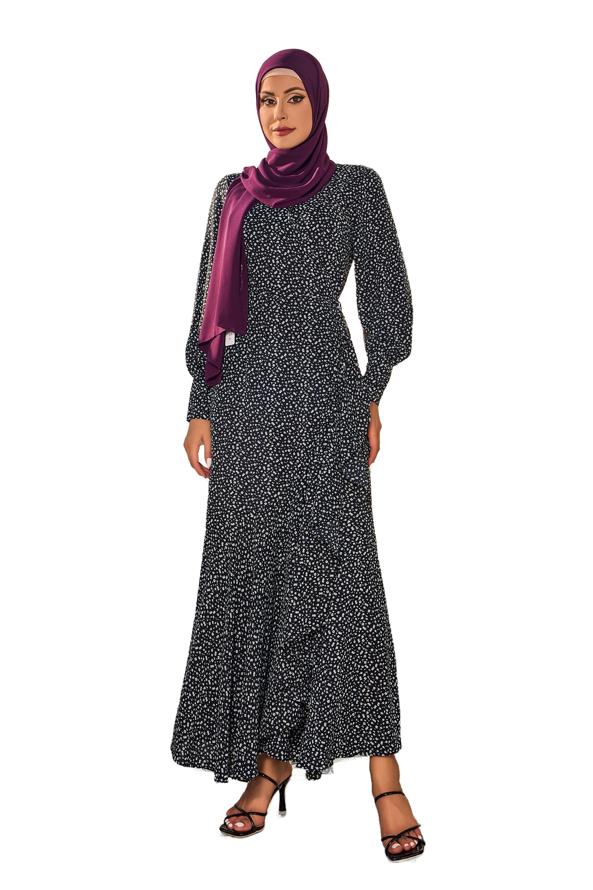 Black Floral Cuff Wrap Maxi Dress