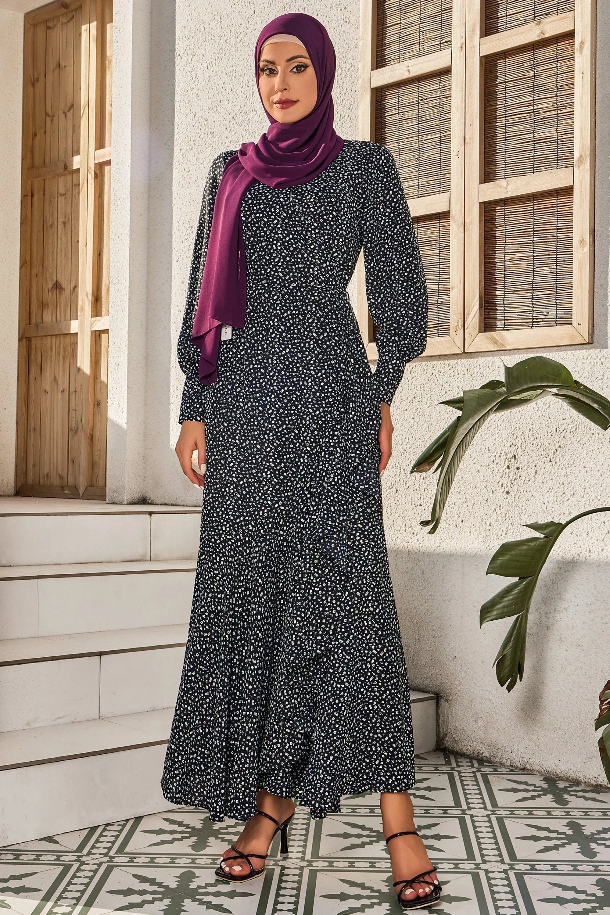 Black Floral Cuff Wrap Maxi Dress