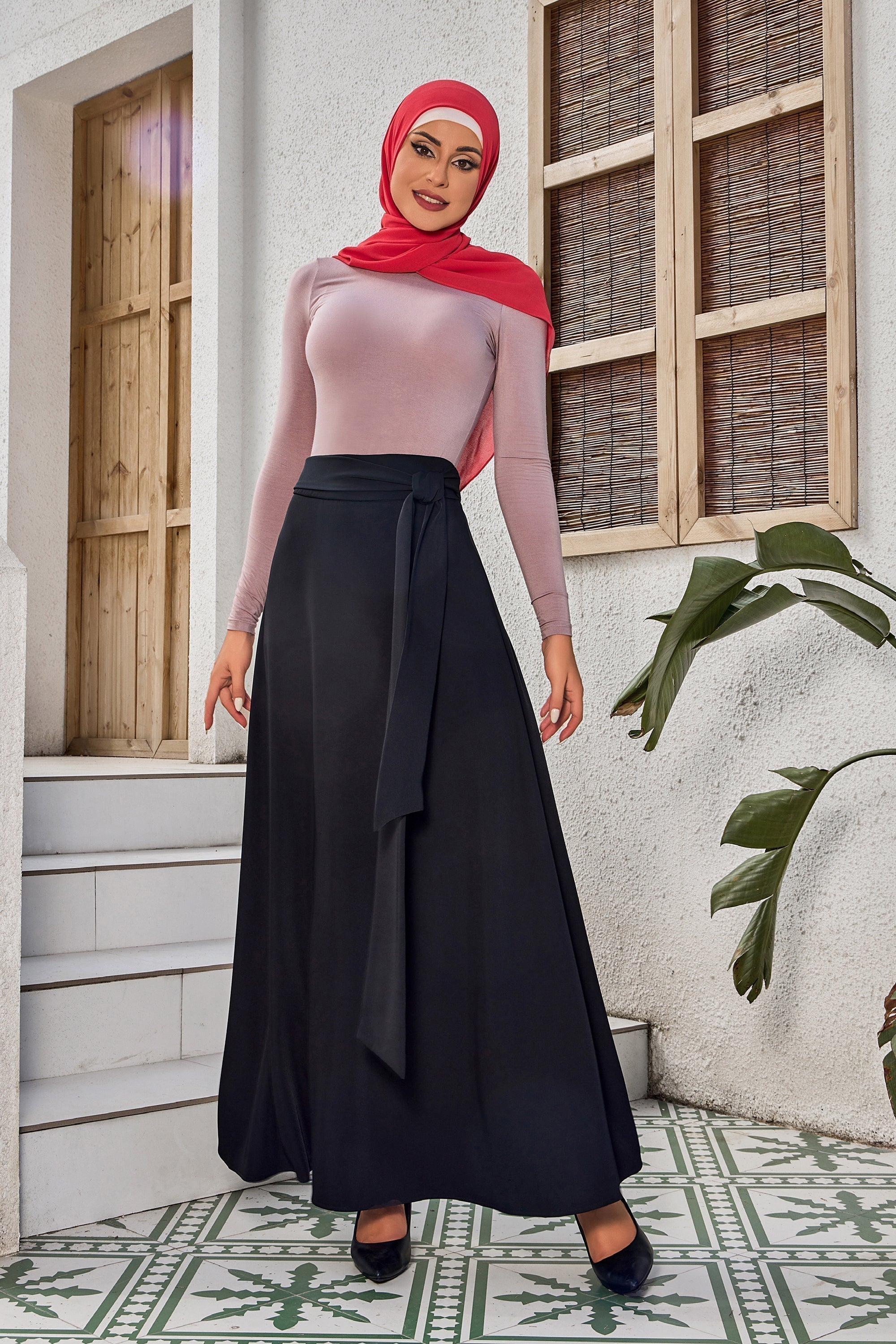 Black Flowy Tie-Belt Maxi Skirt