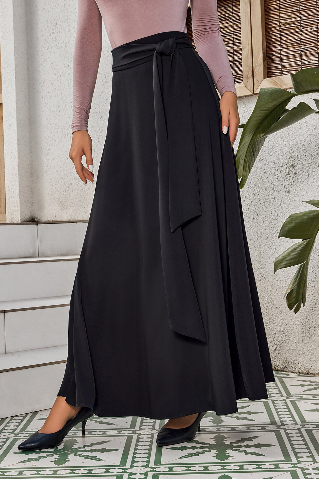 Black Flowy Tie-Belt Maxi Skirt