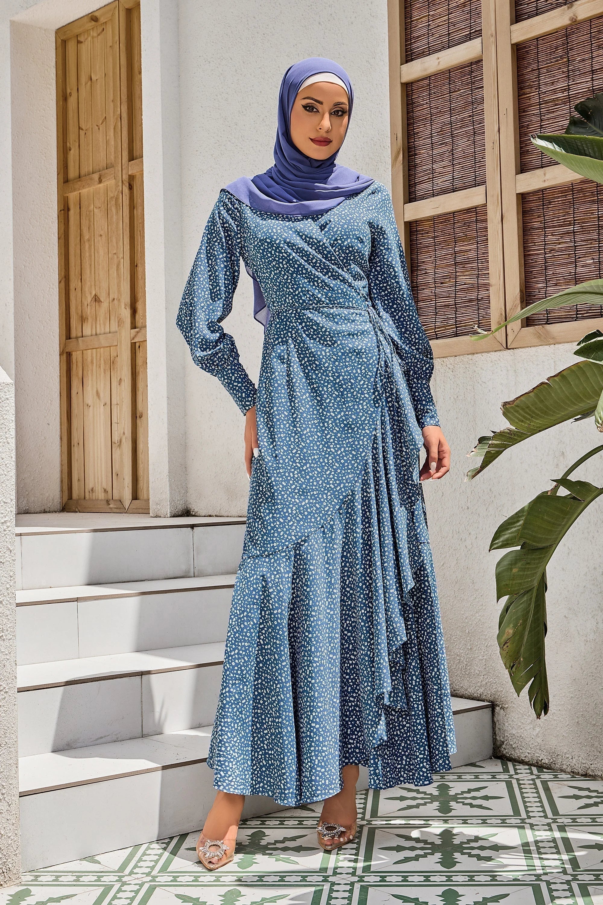 Blue Floral Print Wrap Maxi Dress