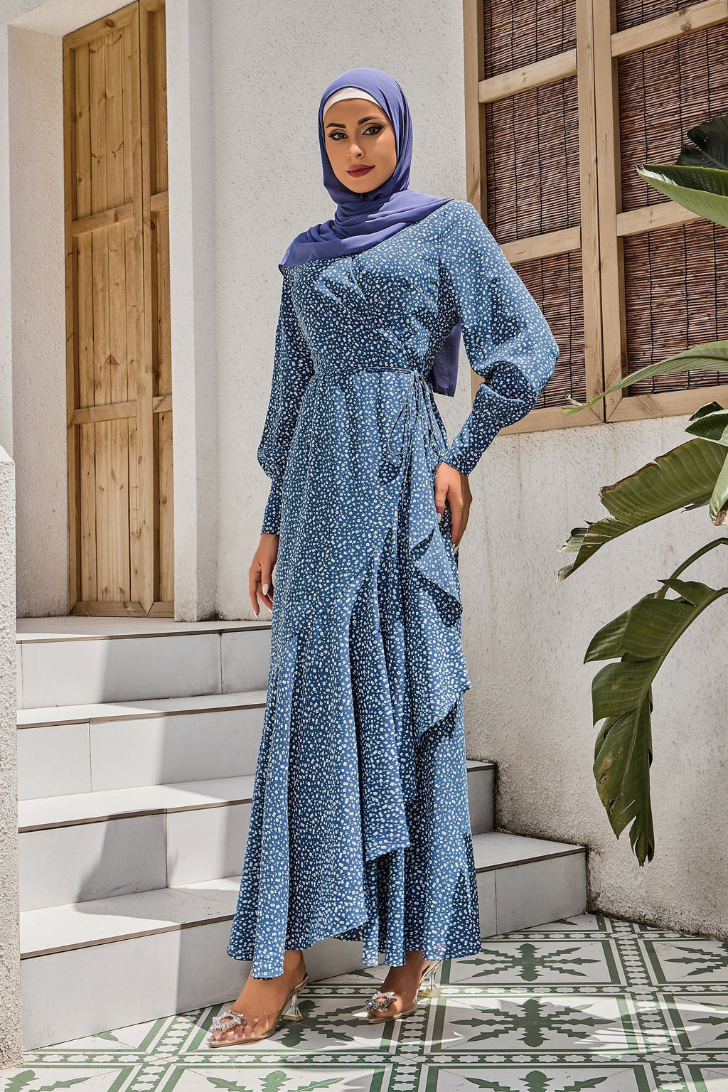 Blue Floral Print Wrap Maxi Dress