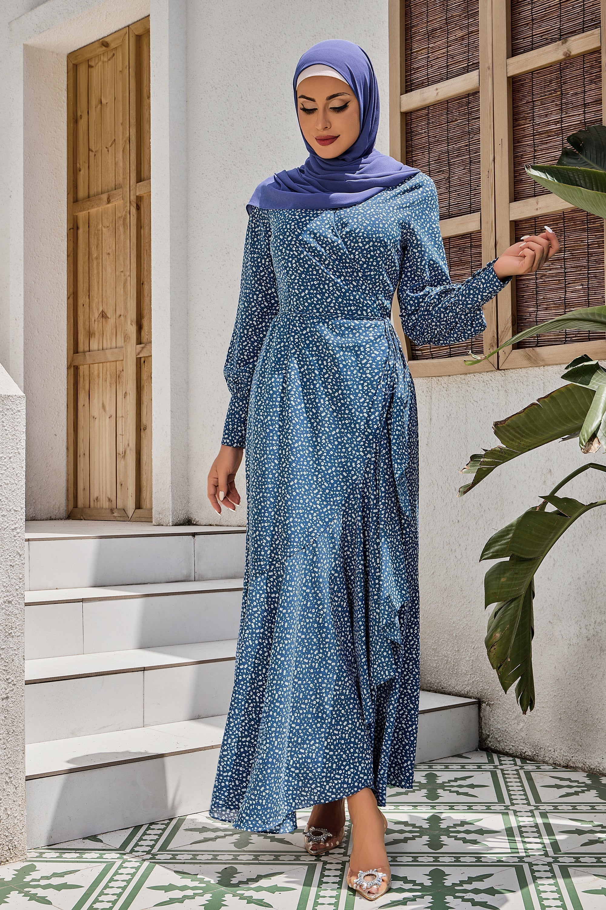 Blue Floral Print Wrap Maxi Dress