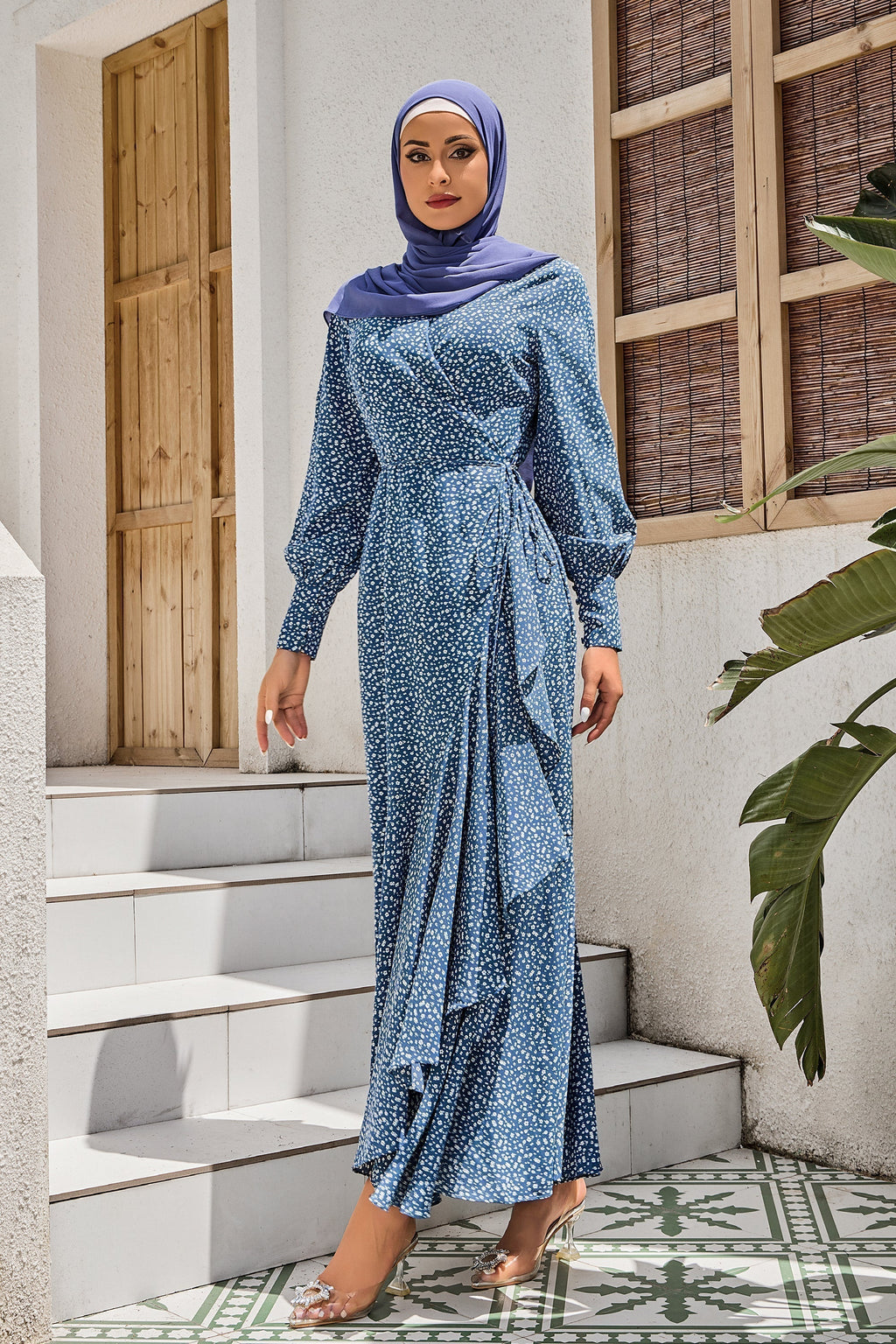 Blue Floral Print Wrap Maxi Dress