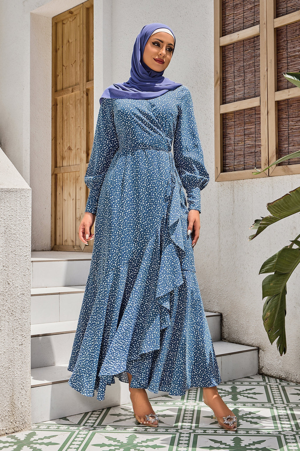 Blue Floral Print Wrap Maxi Dress