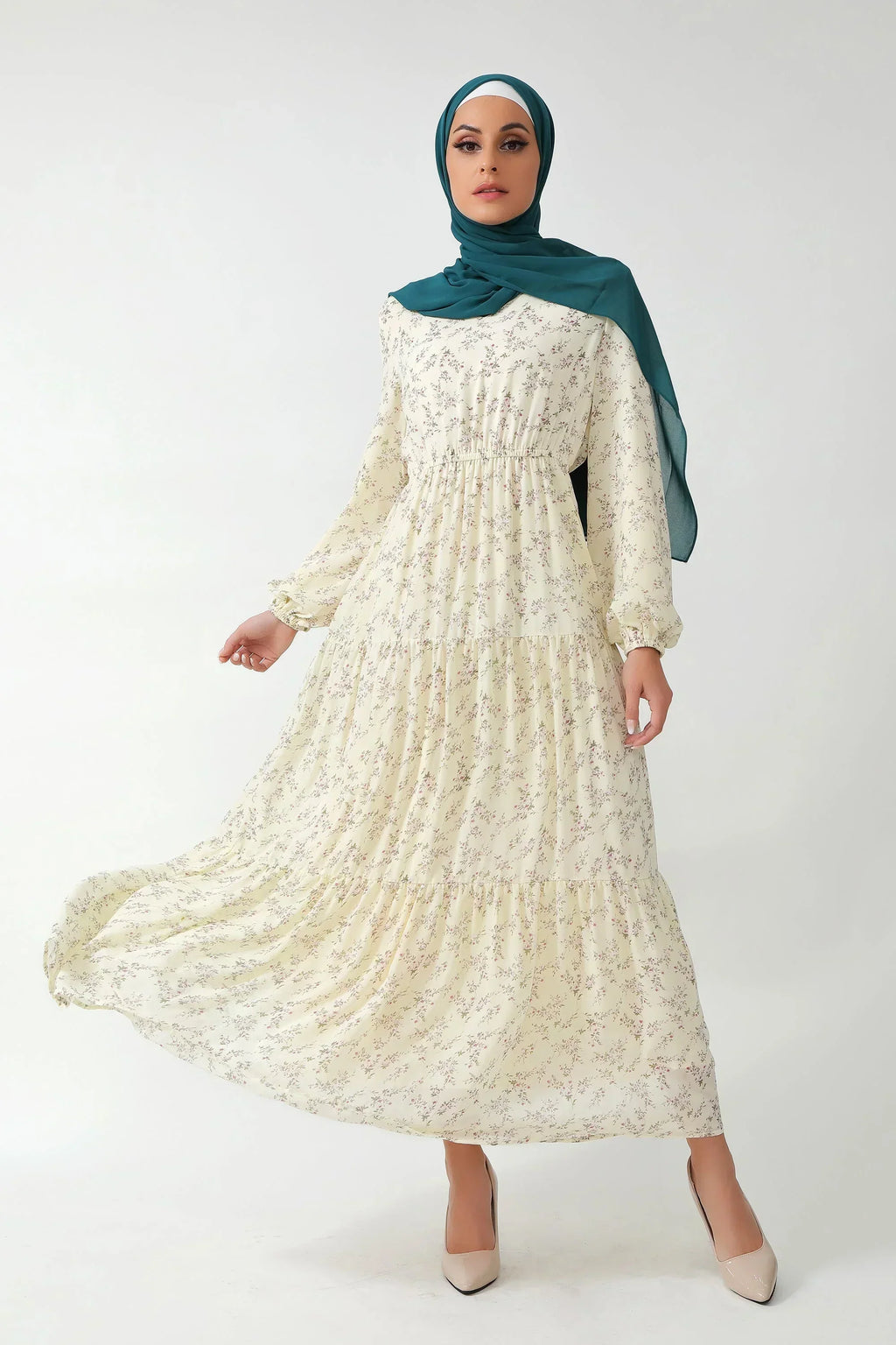 Cream Floral Tiered Maxi Dress