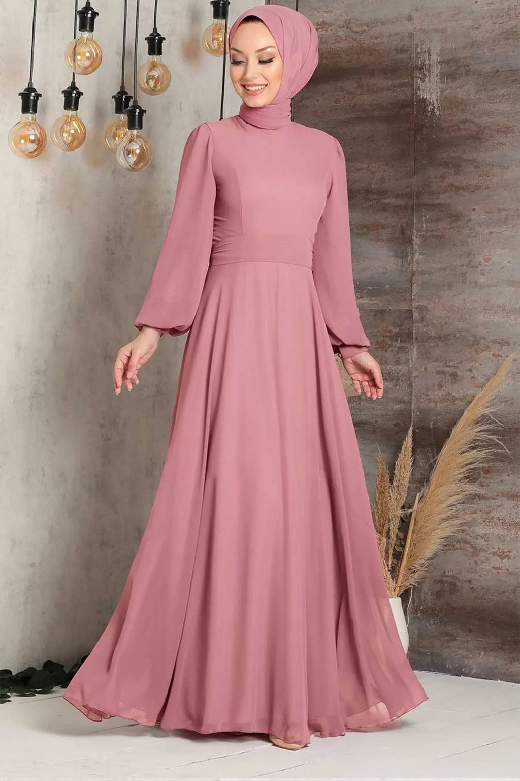 Chiffon Long Sleeve Gown - Dusty Pink / Small