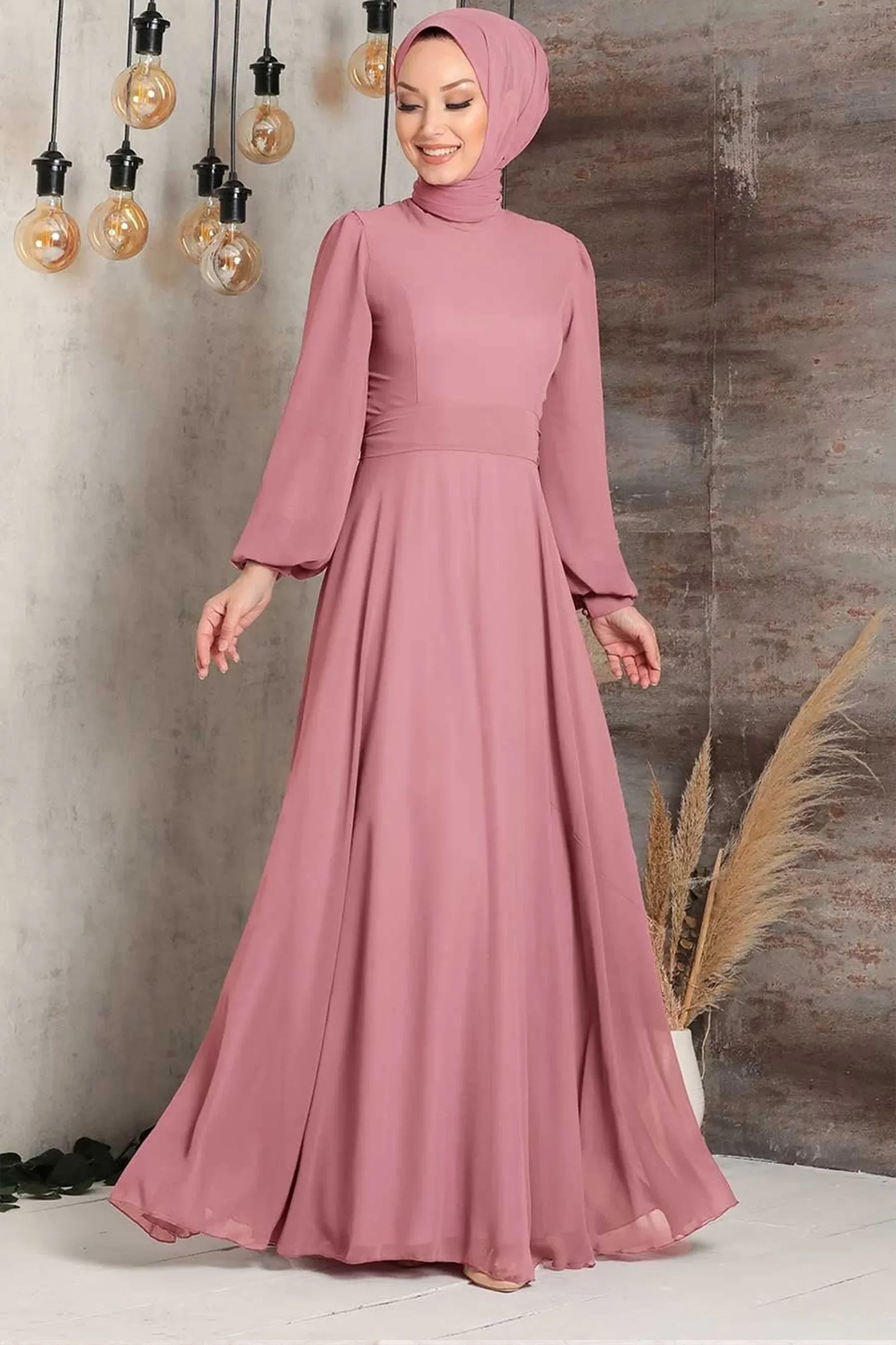 Chiffon Long Sleeve Gown - Dusty Pink / Small