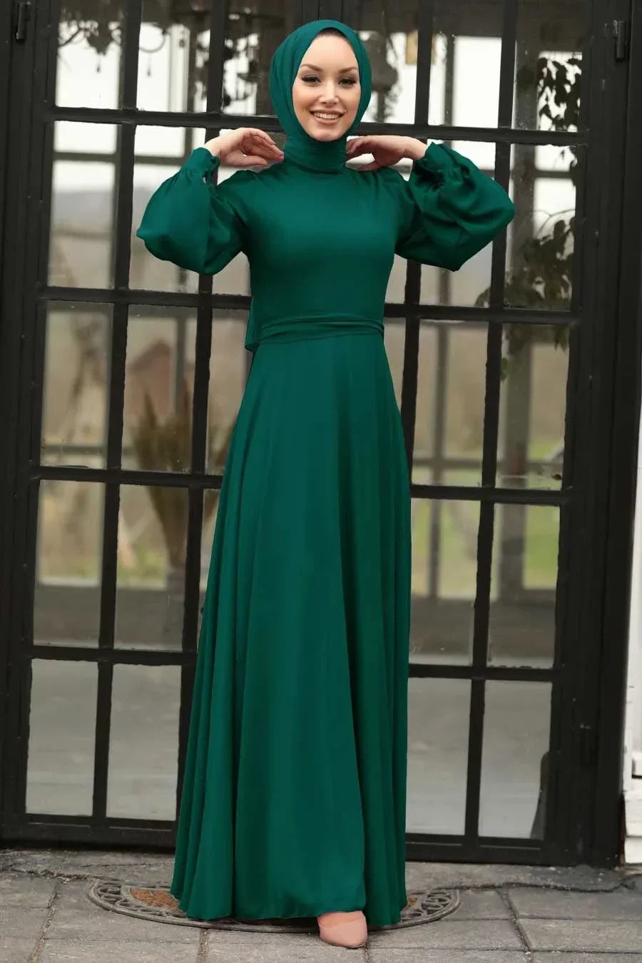 Chiffon Long Sleeve Gown - Hunter Green / Small