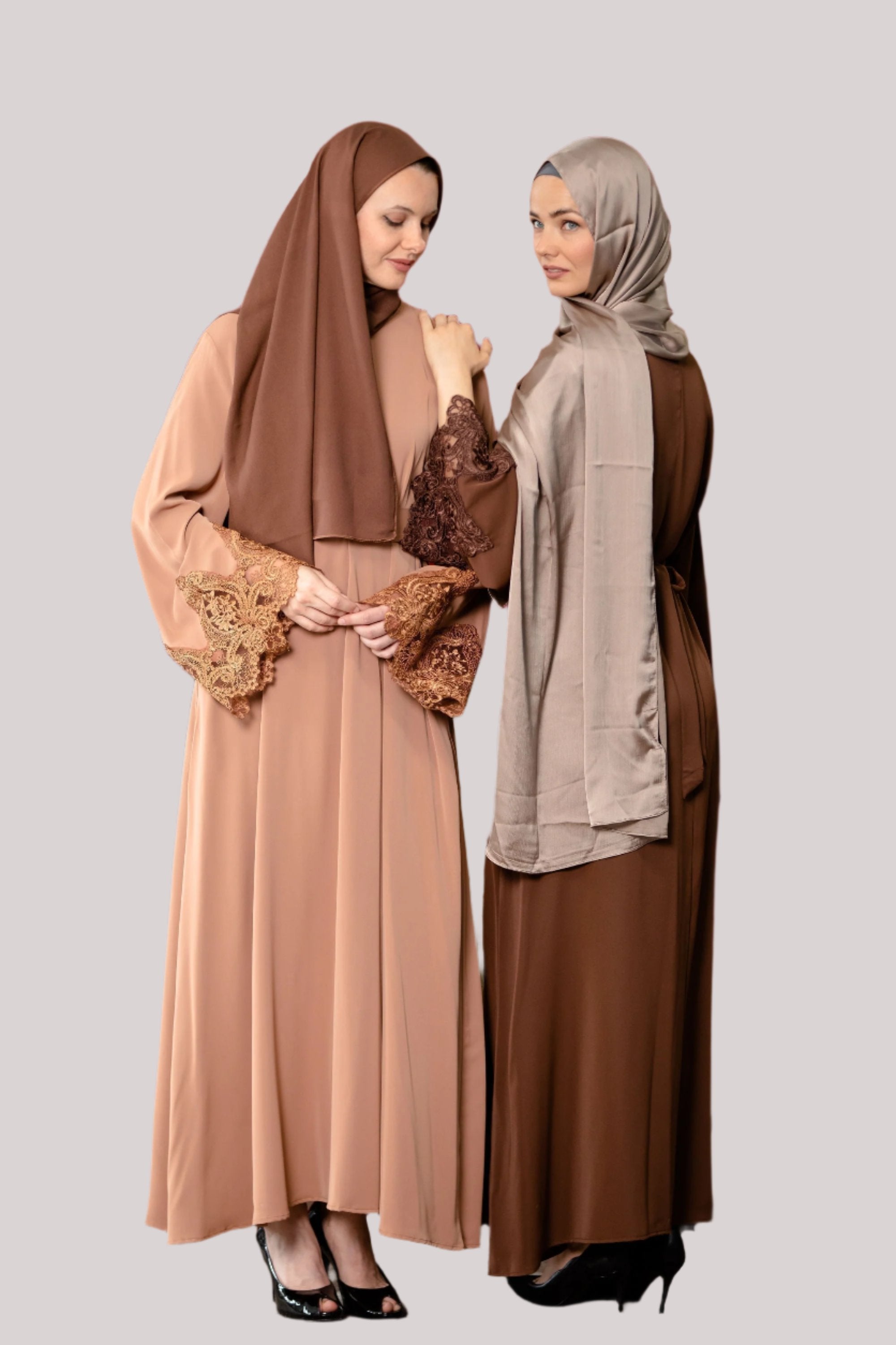 Two women in modest hijabs wearing Coffee Lace Sleeve Abaya Dress