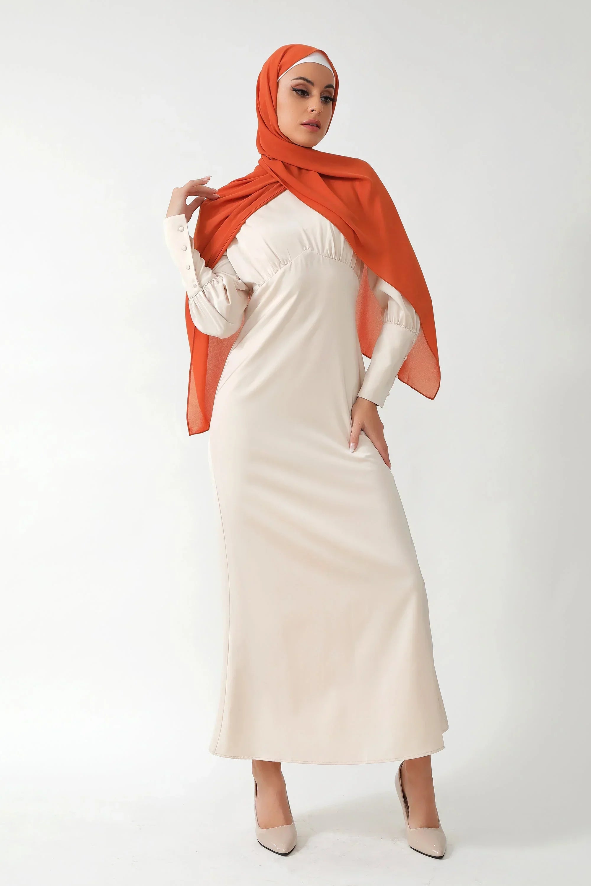 Cream Satin Long Sleeve Maxi Dress