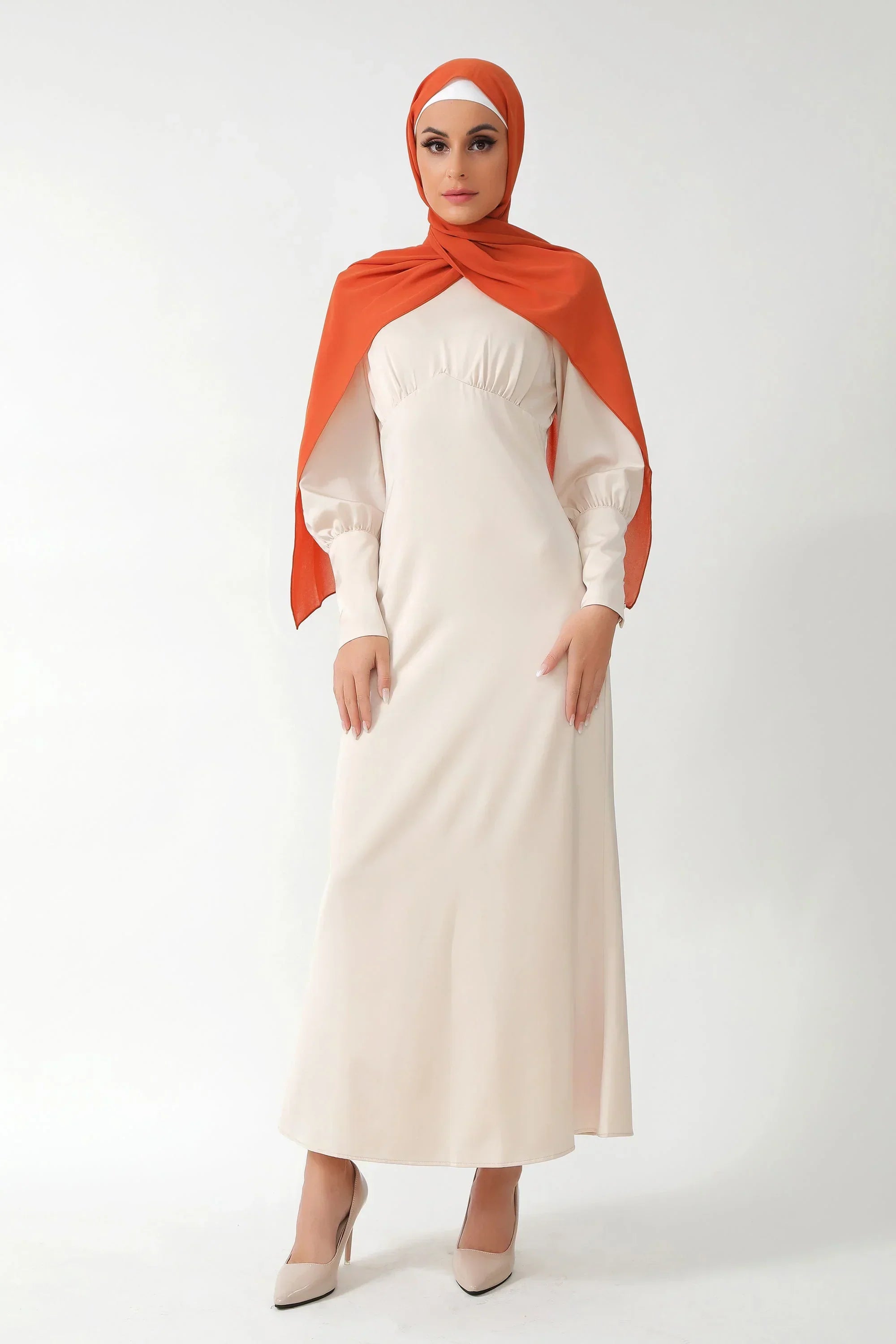 Cream Satin Long Sleeve Maxi Dress