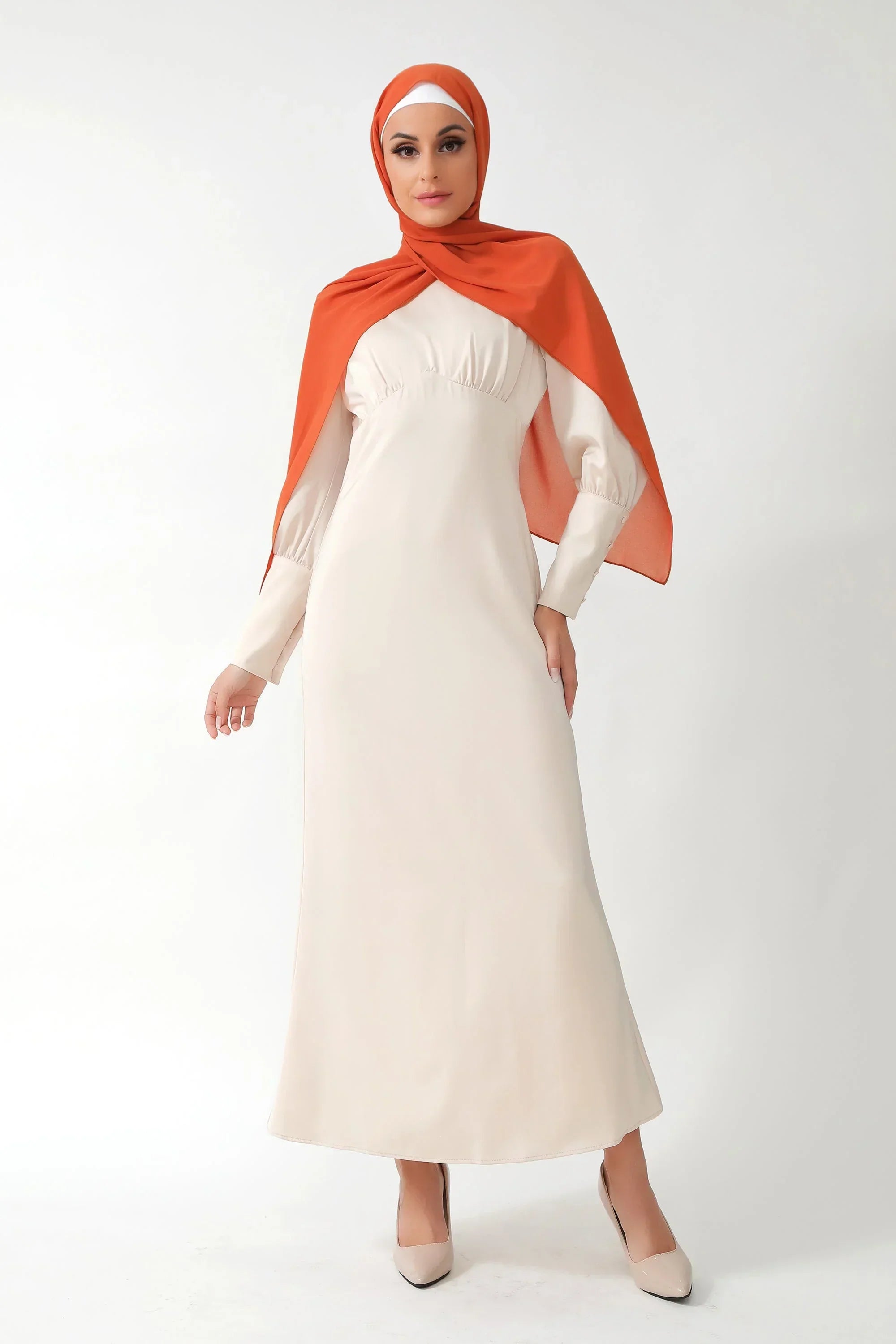 Cream Satin Long Sleeve Maxi Dress
