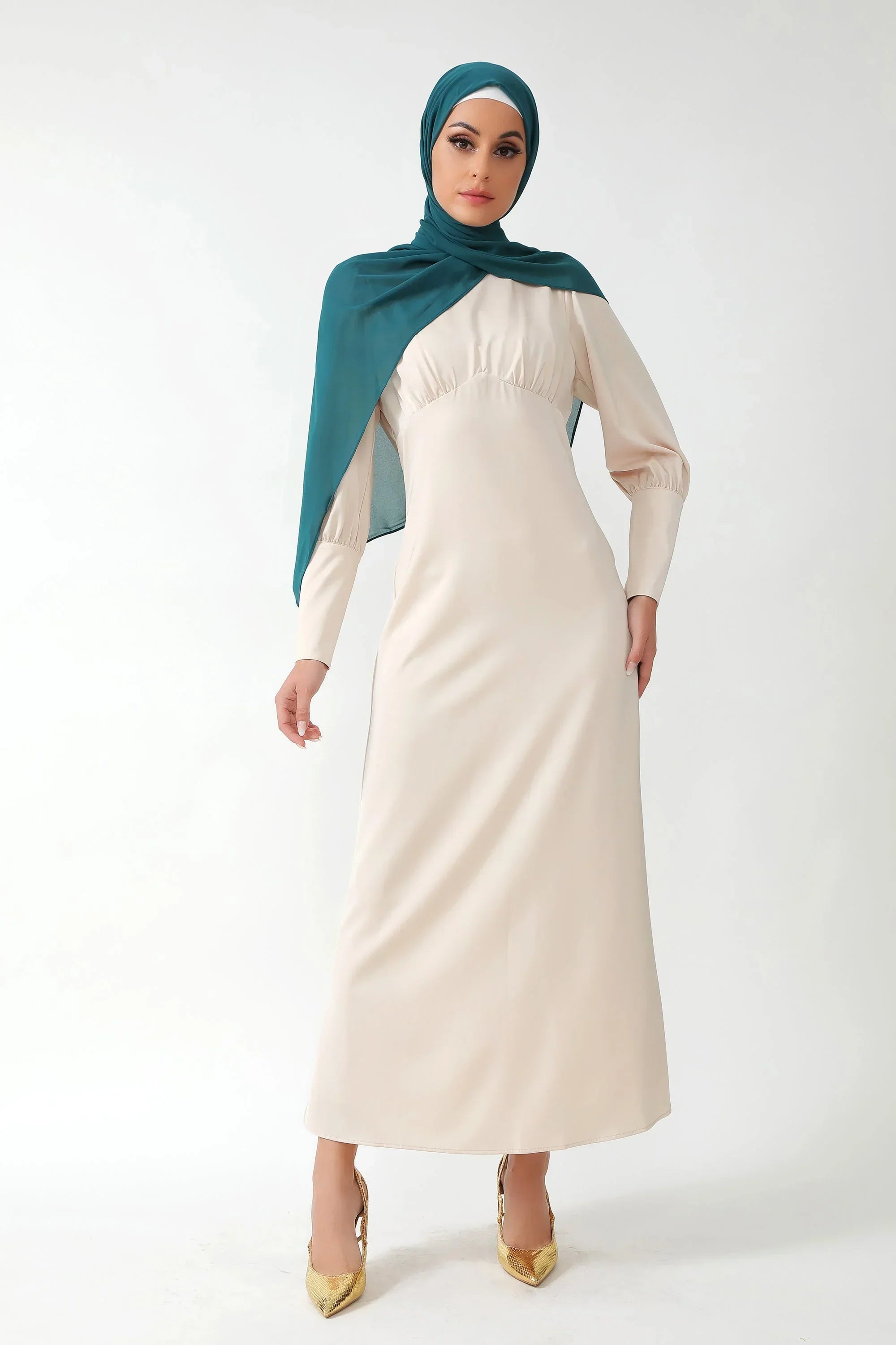 Cream Satin Long Sleeve Maxi Dress