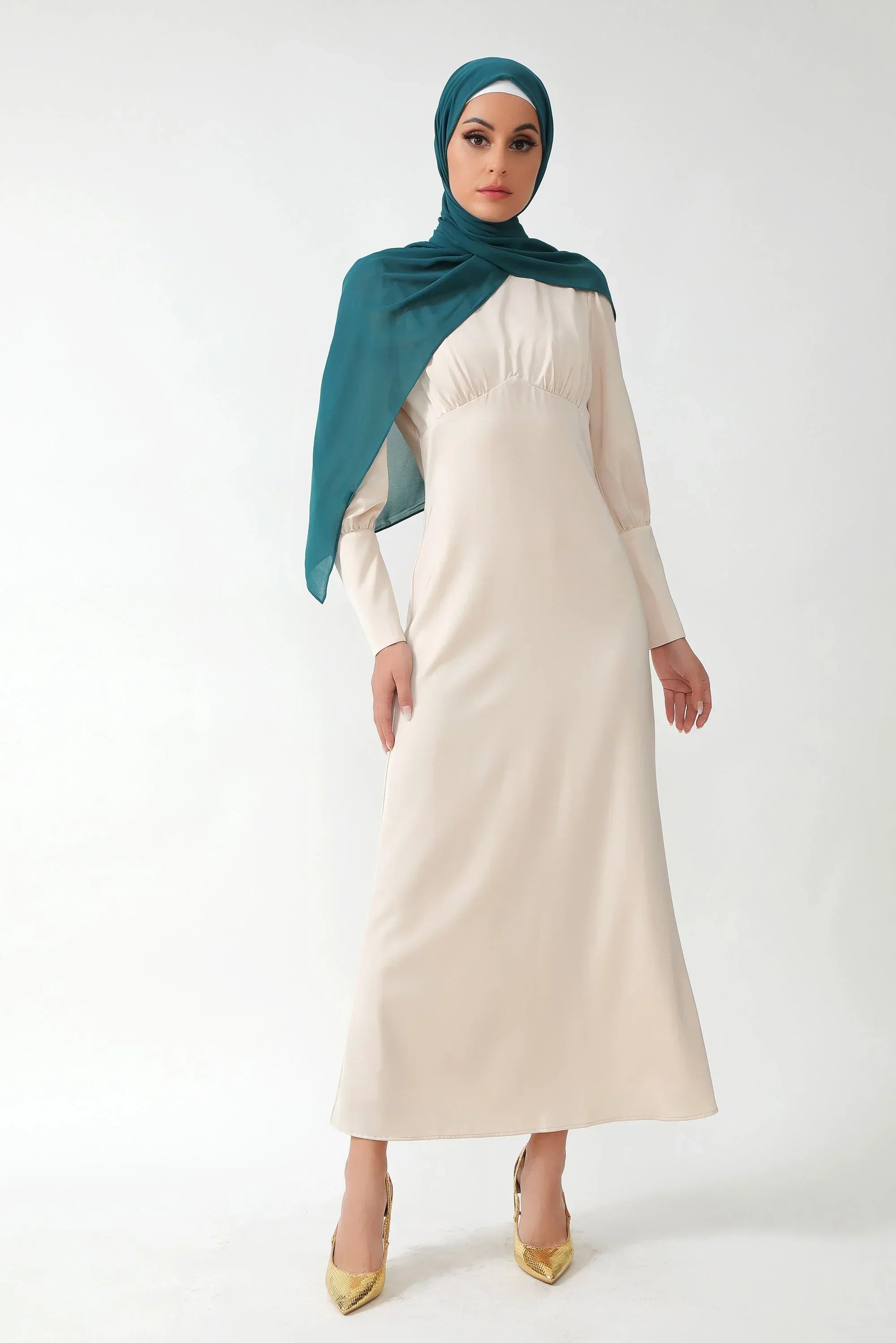 Cream Satin Long Sleeve Maxi Dress