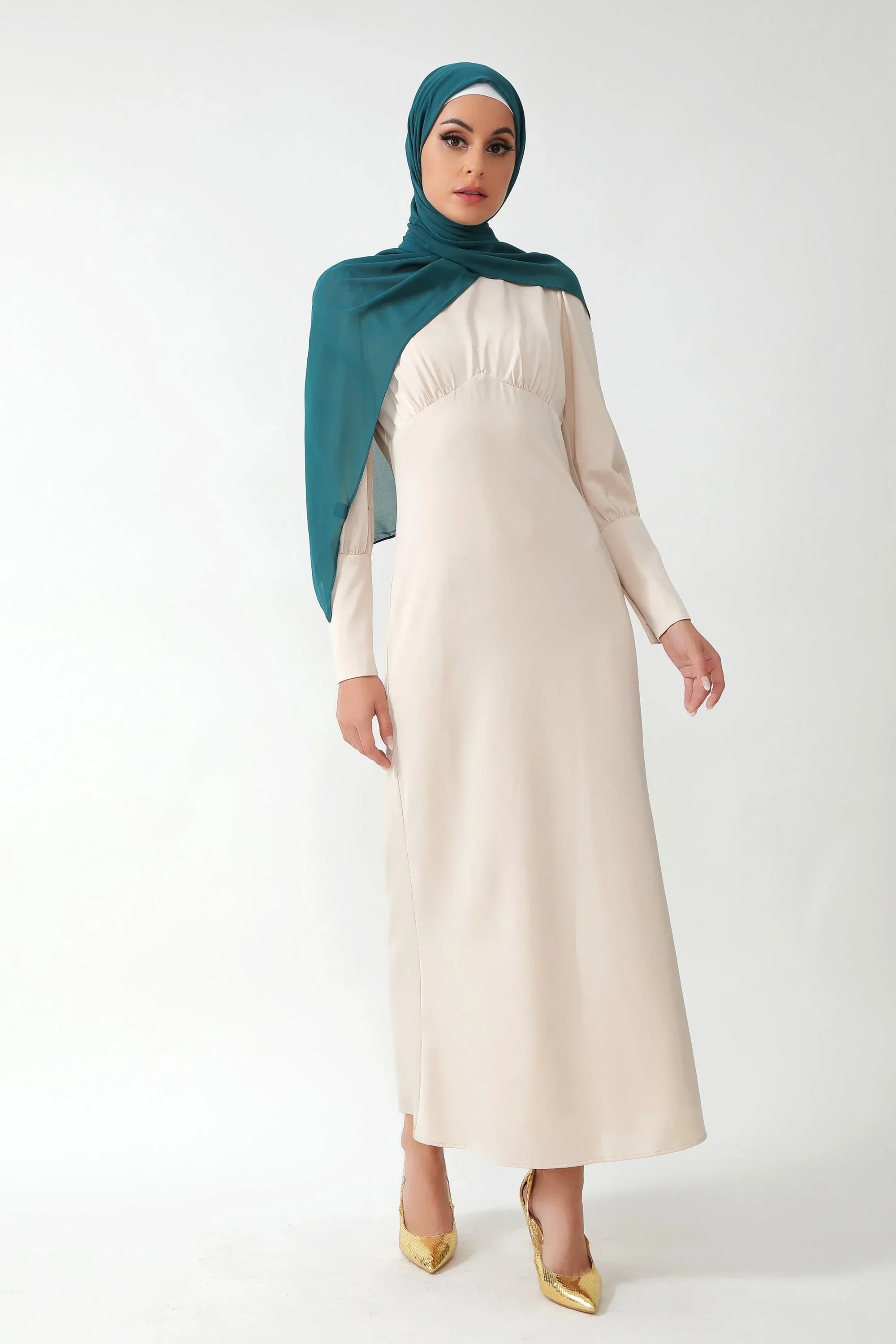 Cream Satin Long Sleeve Maxi Dress