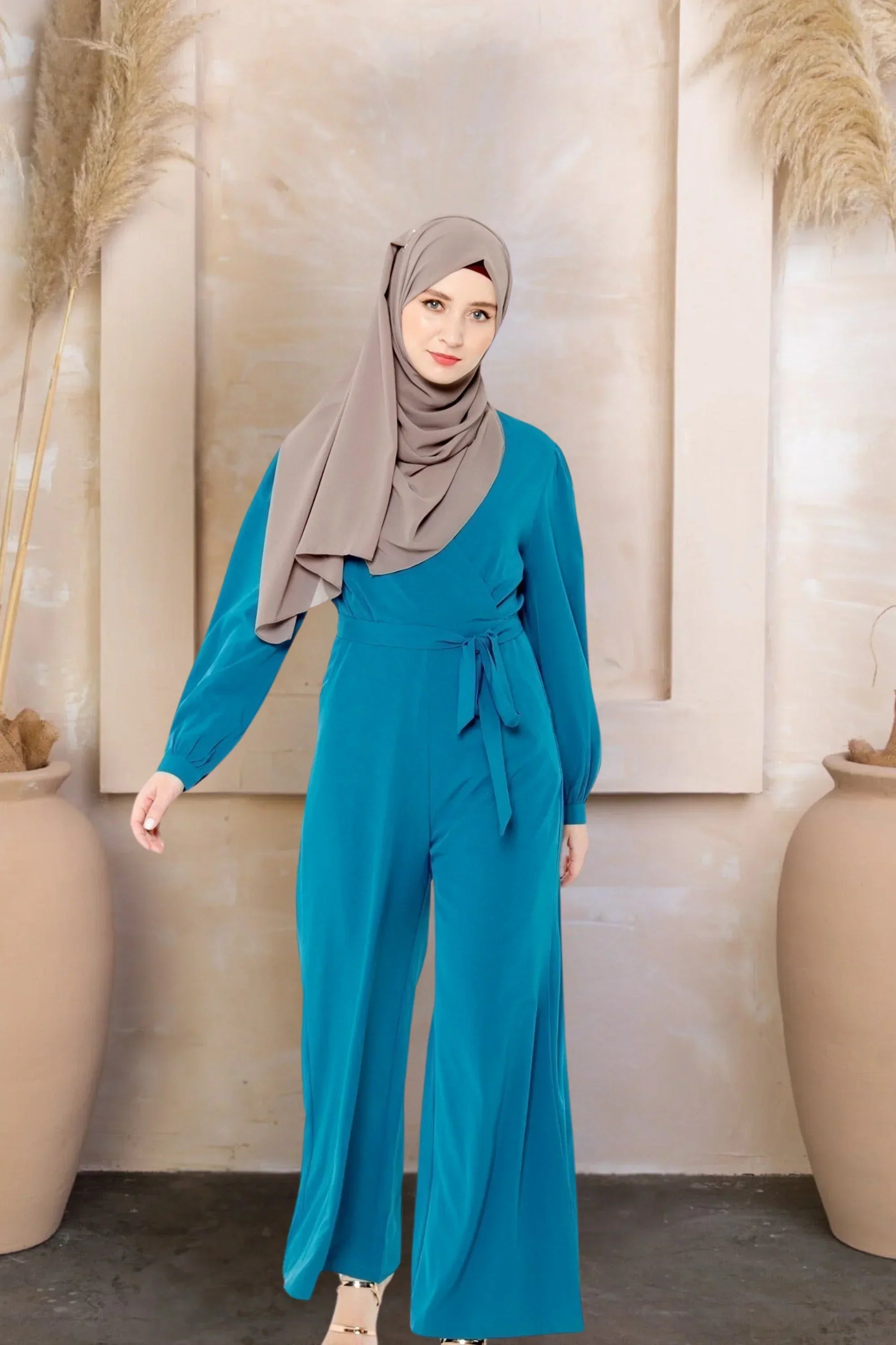 Criss Cross Long Sleeve Jumpsuit-CLEARANCE - Large / Teal