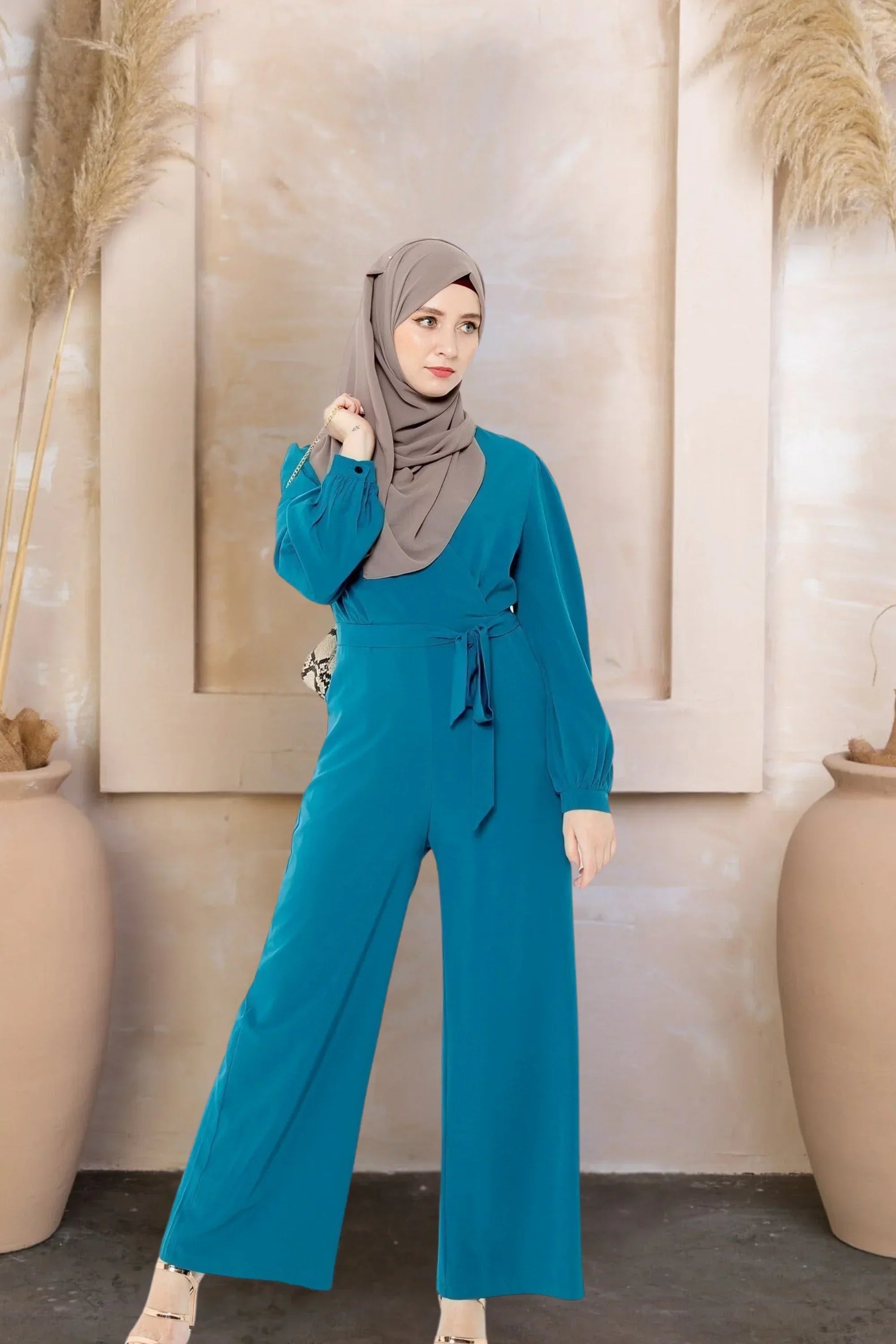 Criss Cross Long Sleeve Jumpsuit-CLEARANCE - XX-Large / Teal