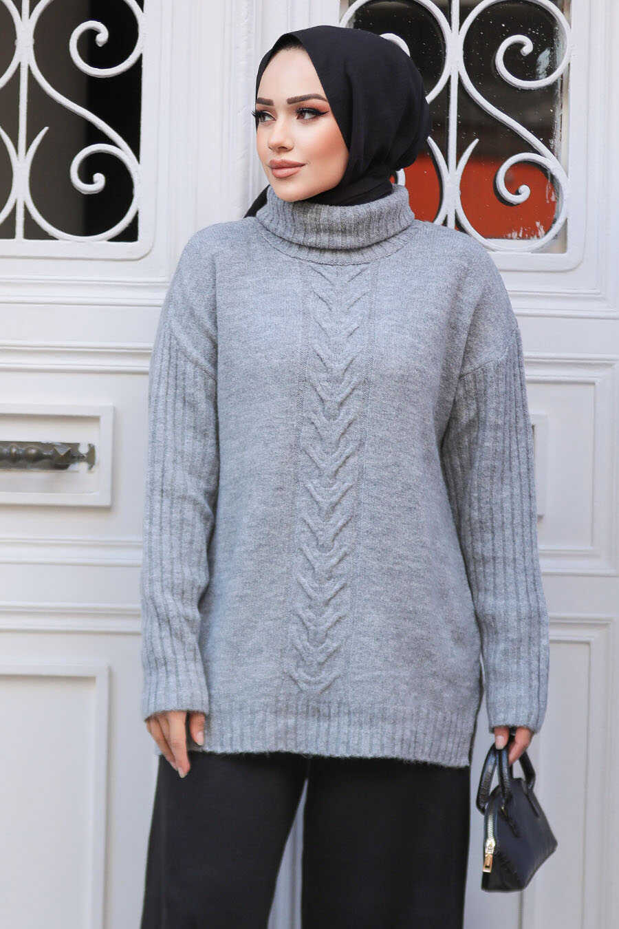 Gray Cable Turtleneck Sweater - One Size