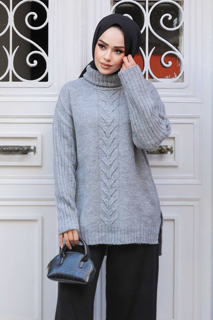 Gray Cable Turtleneck Sweater - One Size