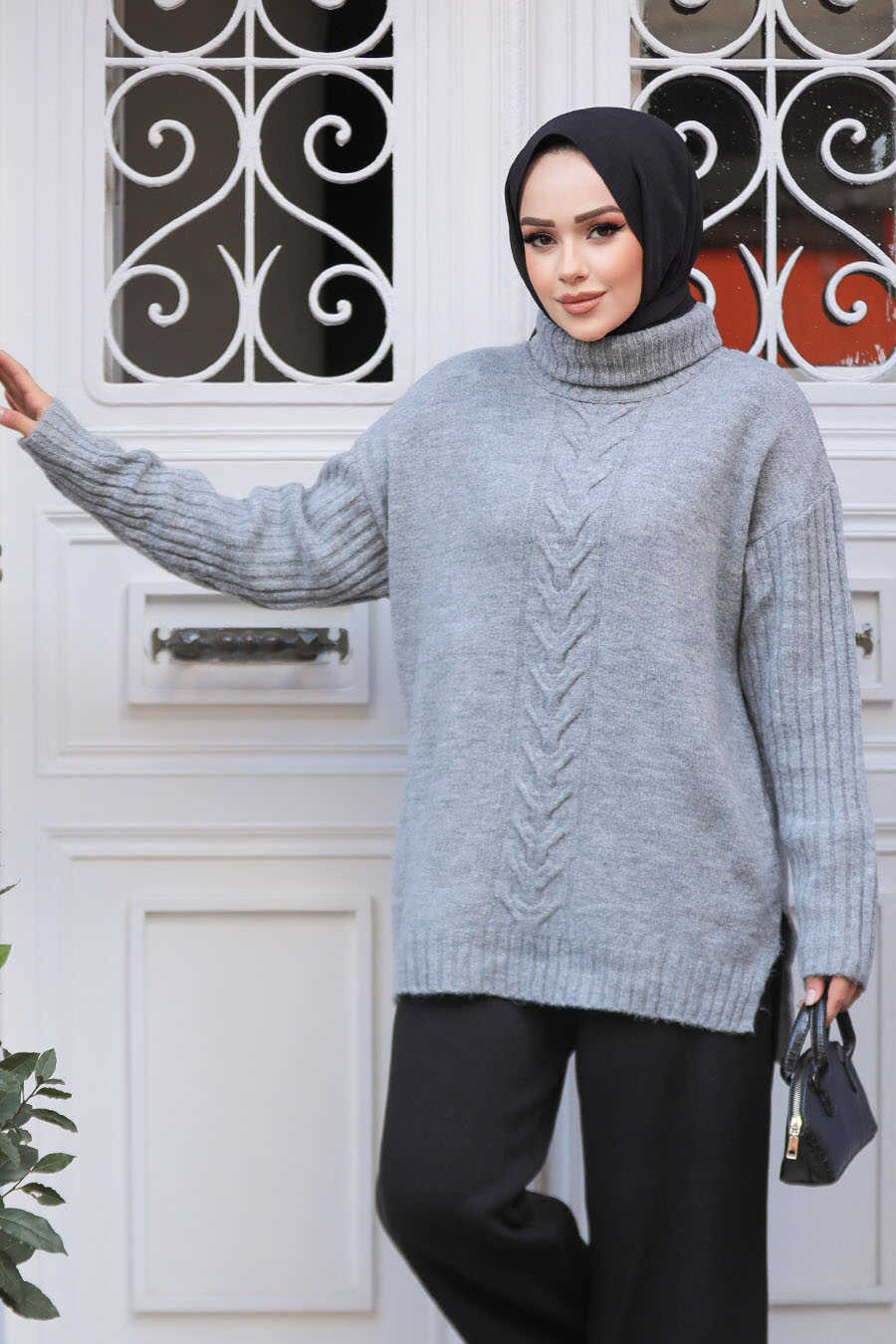 Gray Cable Turtleneck Sweater - One Size
