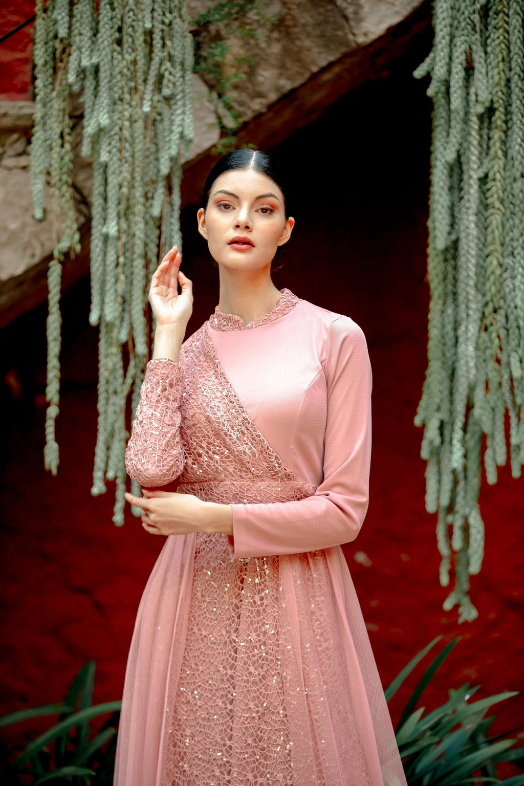 Elegant pink Hayati lace gown with chiffon overlay