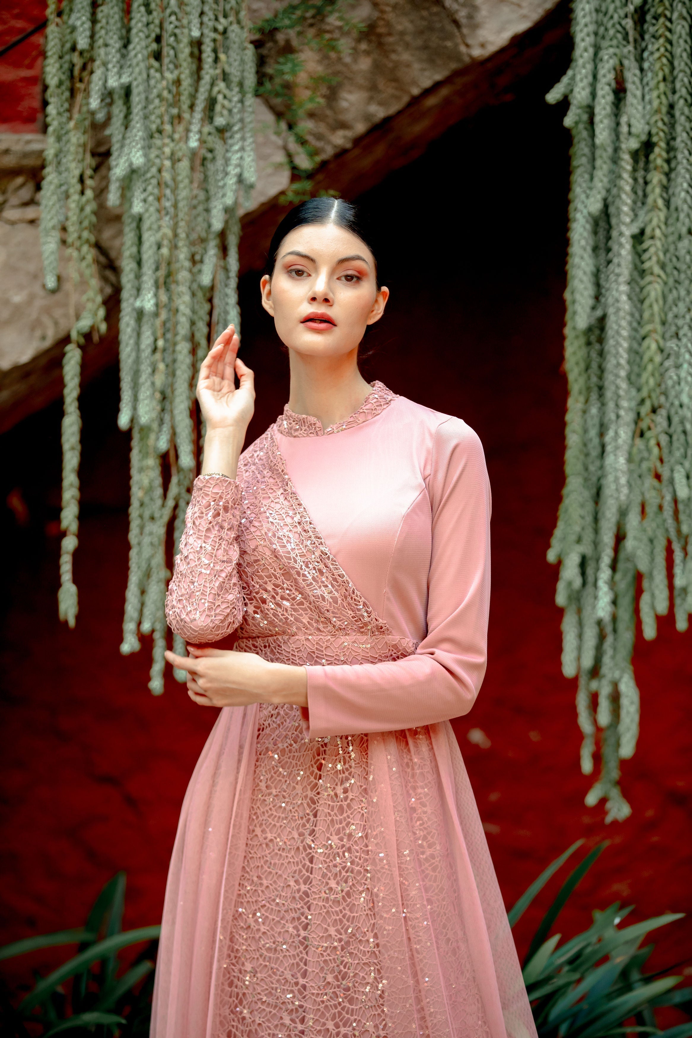 Elegant pink Hayati lace gown with chiffon overlay