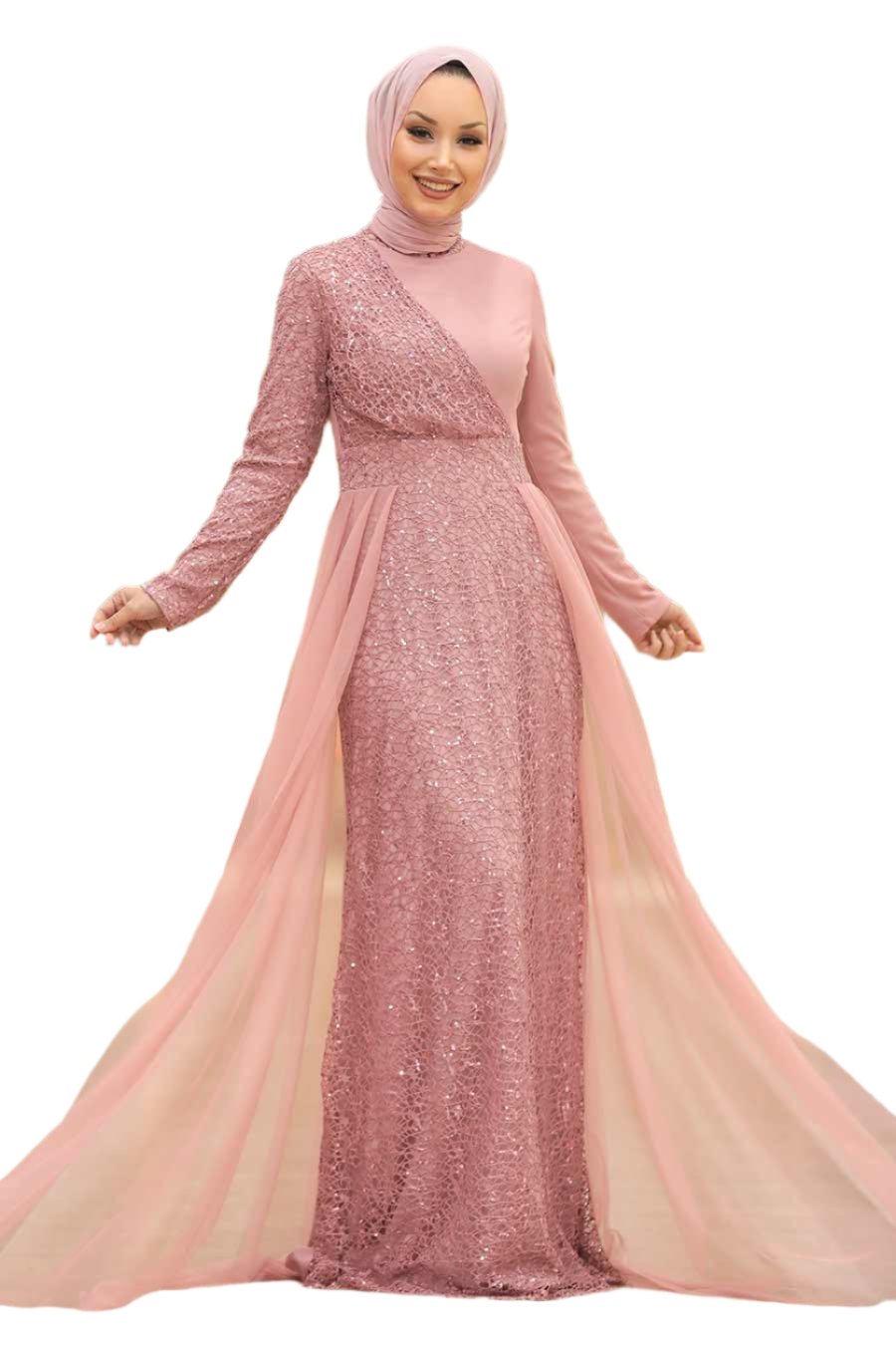 Elegant pink Hayati lace chiffon overlay gown with hijab