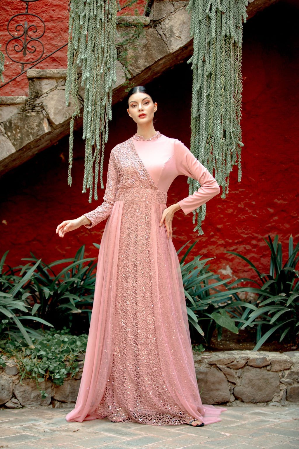 Elegant pink Hayati lace gown with chiffon overlay