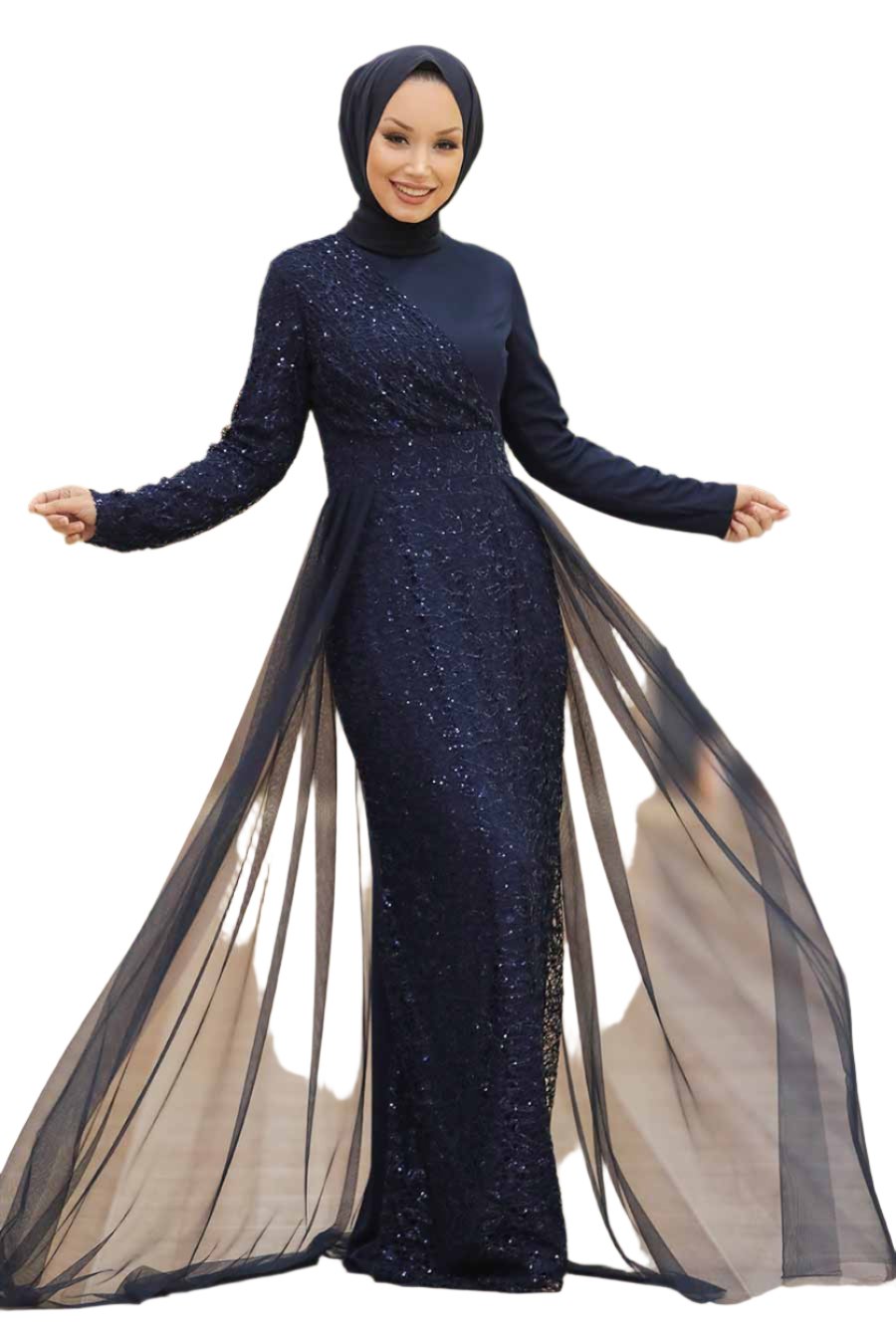 Elegant navy blue Hayati lace chiffon overlay gown with flowing train