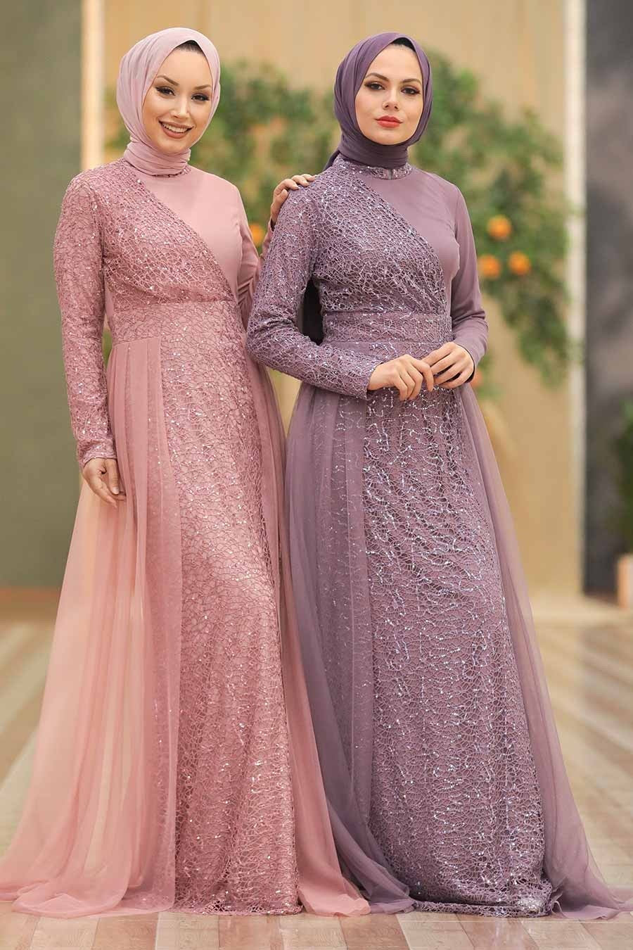 Two women in Hayati Lace With Chiffon Overlay Gown with headscarves