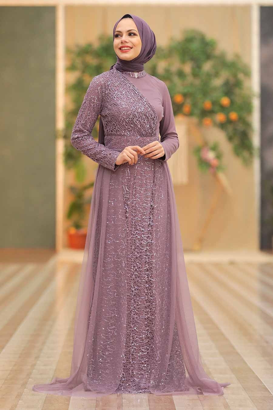 Elegant lavender Hayati lace chiffon overlay gown with hijab