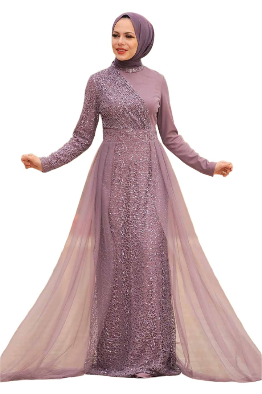 Hayati Lace With Chiffon Overlay Gown: Lavender Long-Sleeved Modest Dress with Train
