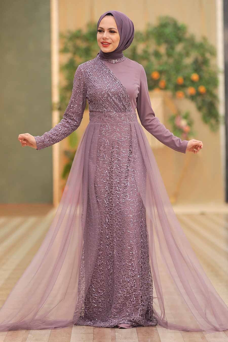 Elegant lavender Hayati Lace With Chiffon Overlay Gown with hijab