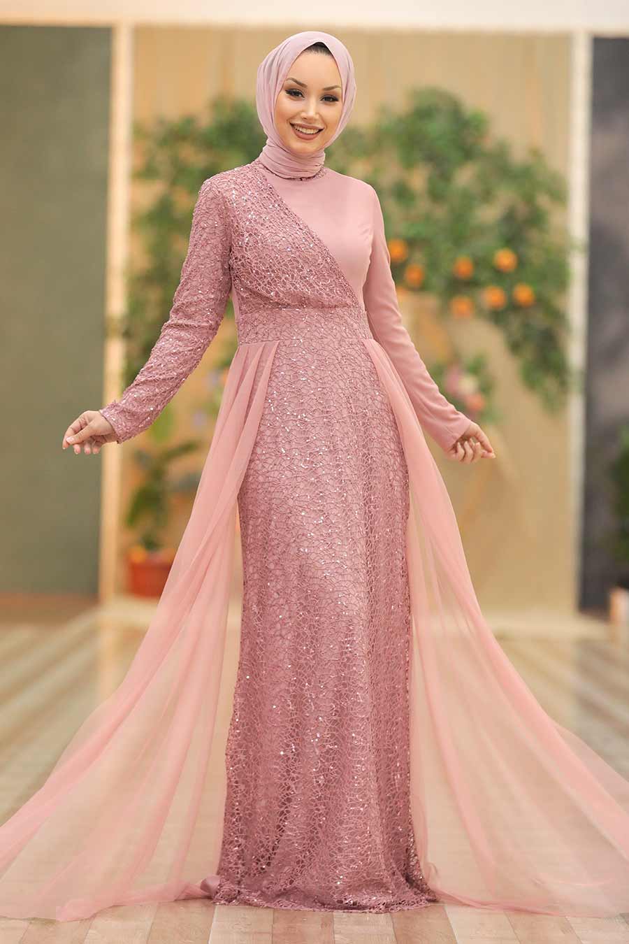 Elegant pink lace Hayati gown with chiffon overlay and hijab