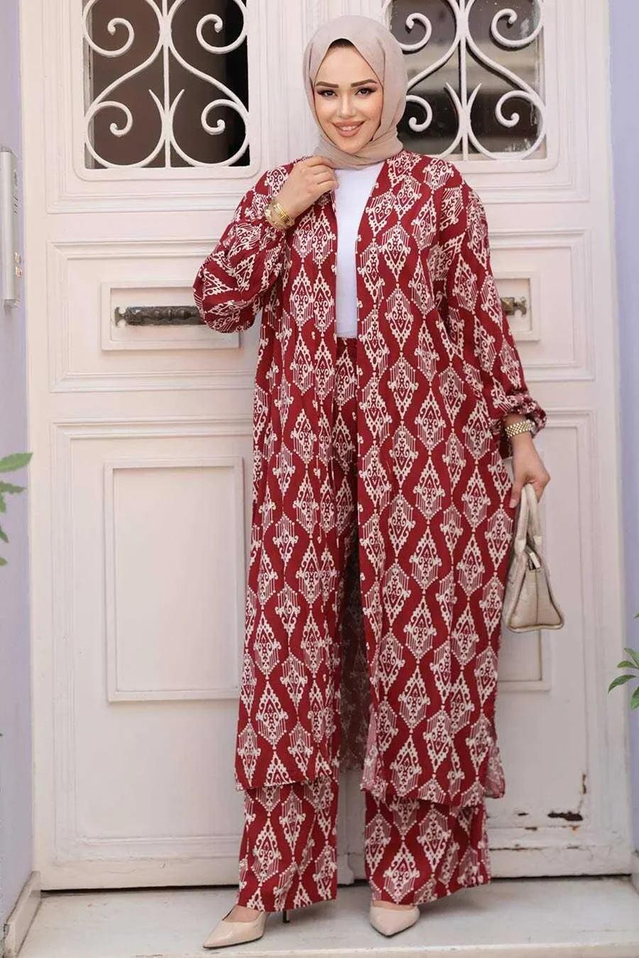 Maroon Abstract Cardigan and Pants Set One Size S XL