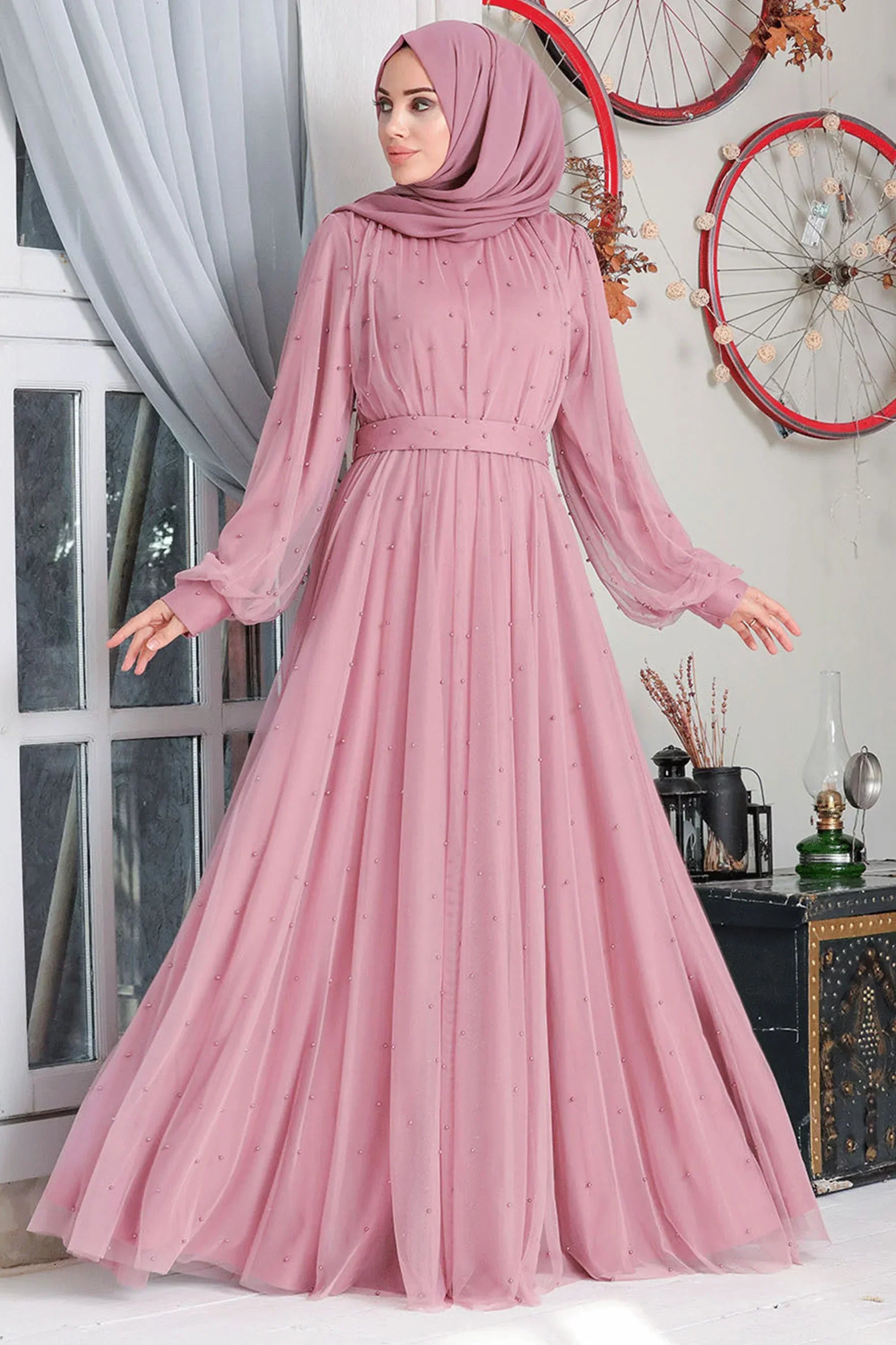 Mesh Pearl Long Sleeve Gown (More Colors) - Small / Pink