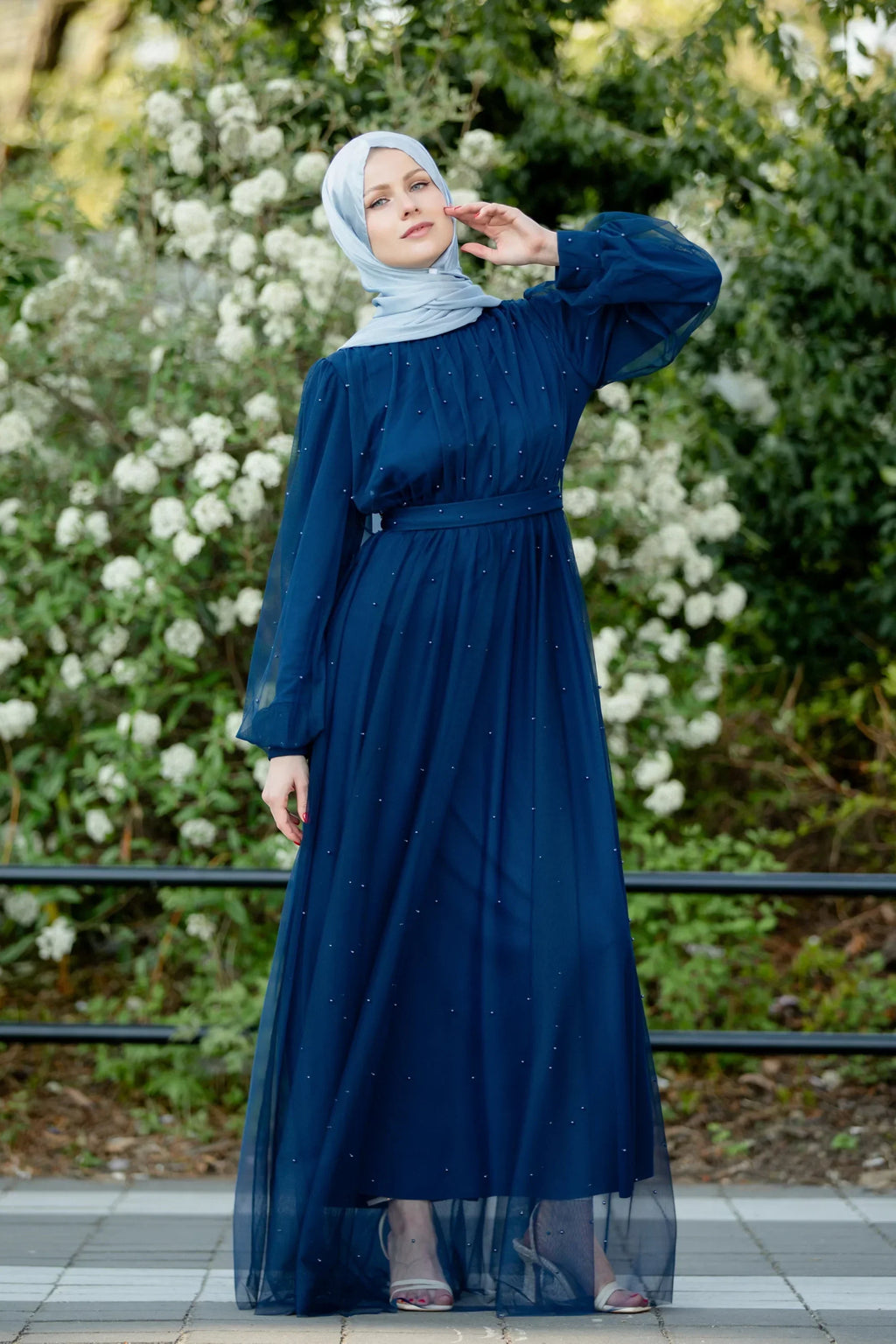 Mesh Pearl Long Sleeve Gown (More Colors)