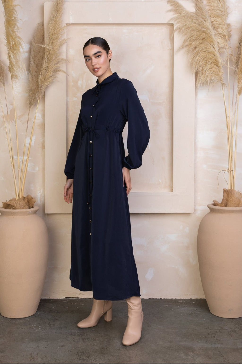 Navy Button Down Drawstring Non-Sheer Maxi Cardigan