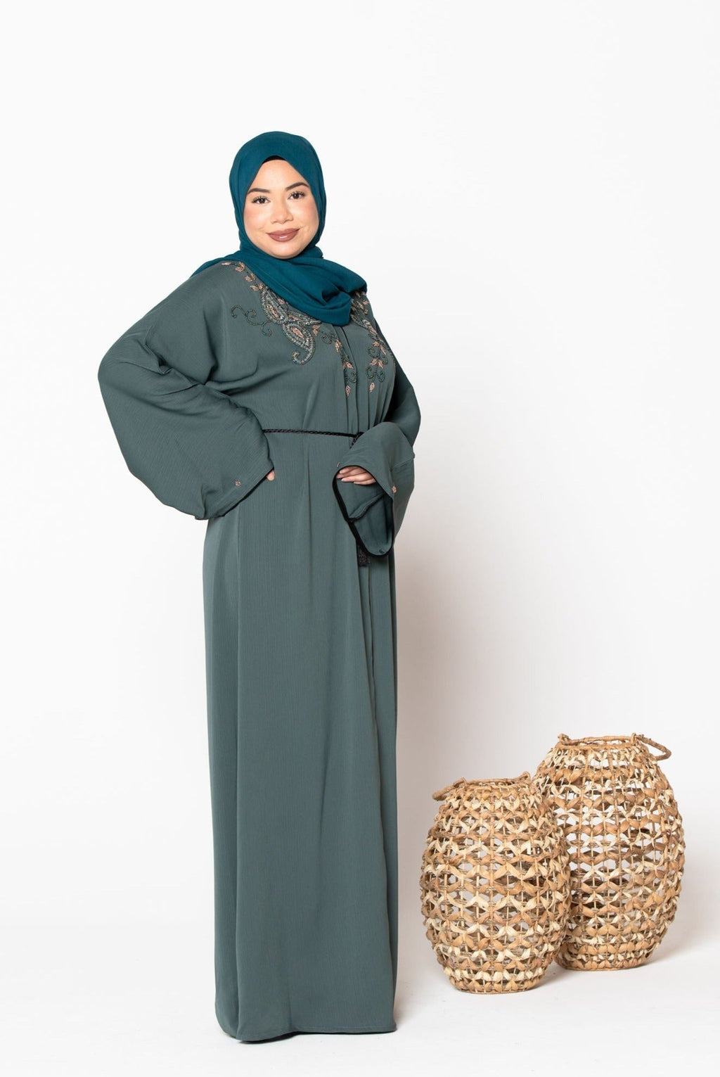 Olive Beaded Open Front Abaya-Preorder Ships July 15