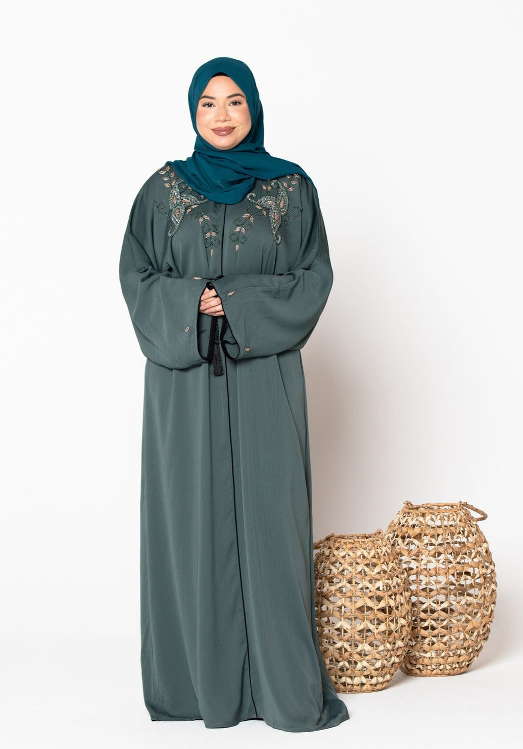 Olive Beaded Open Front Abaya-Preorder Ships July 15