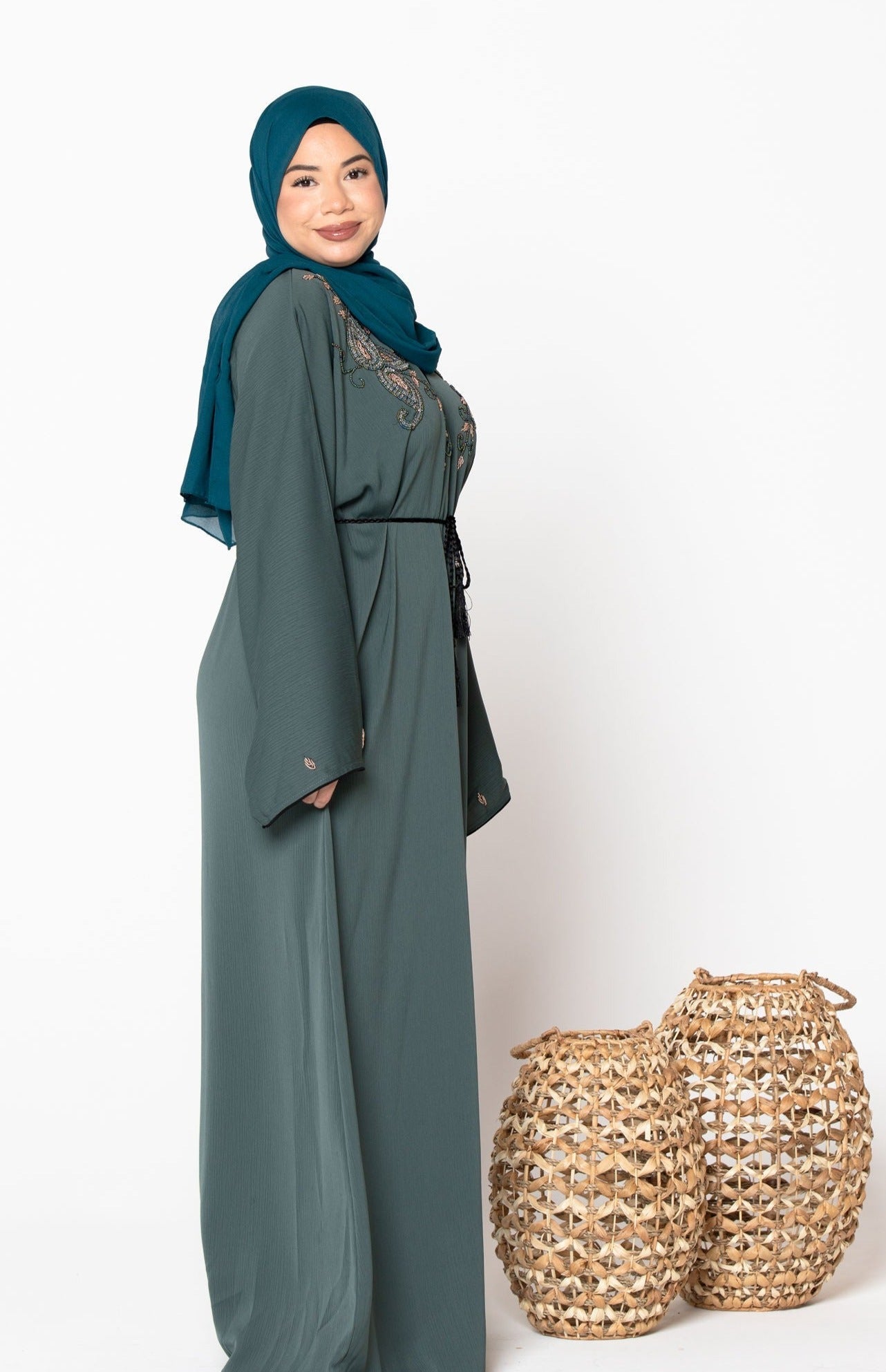 Olive Beaded Open Front Abaya-Preorder Ships July 15