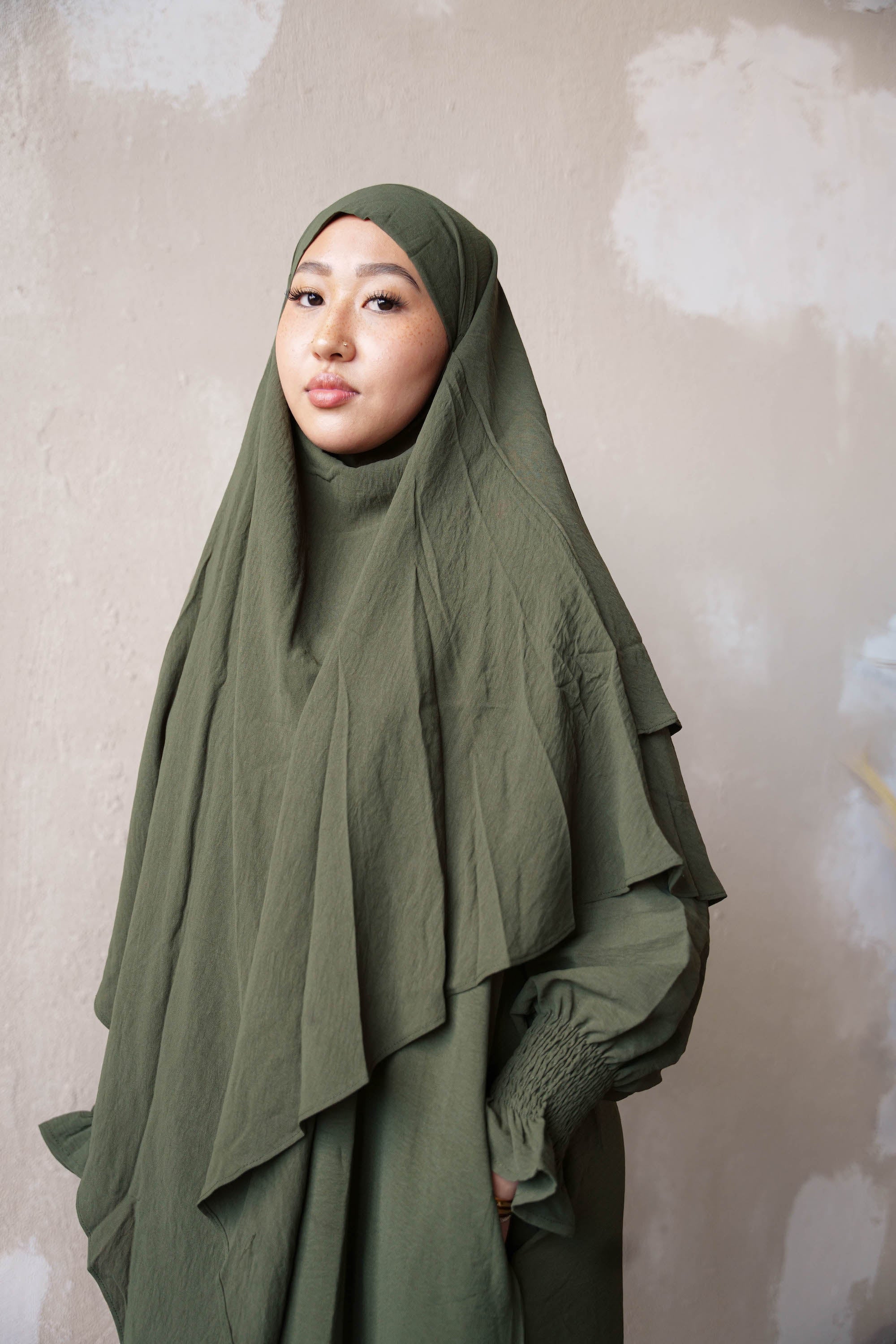 Olive Green Double Layer Khimar - Olive Green